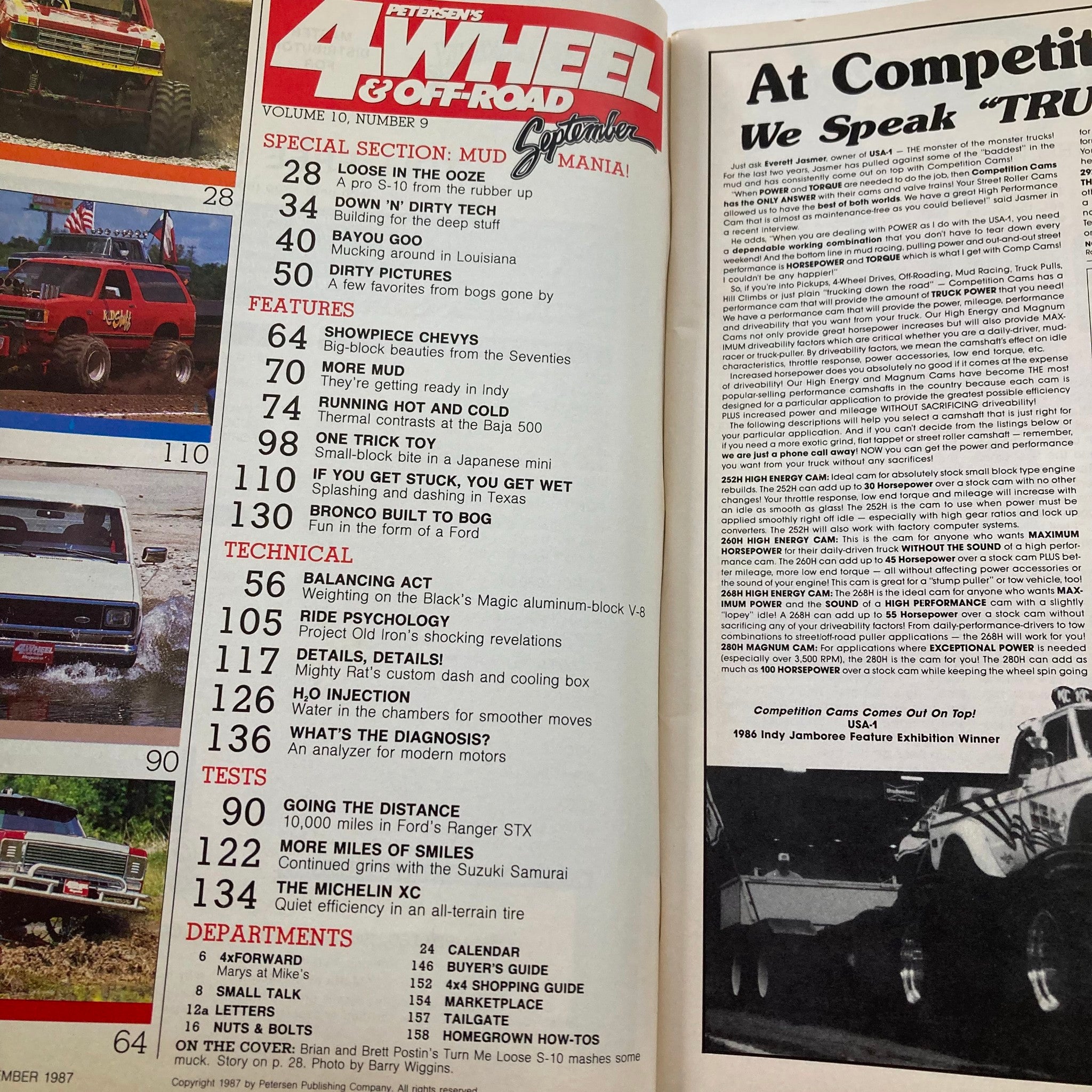 Petersen's 4 Wheel & Off-Road Magazine September 1987 - Table of Contents showcasing features, technical sections, and tests related to off-road vehicles.