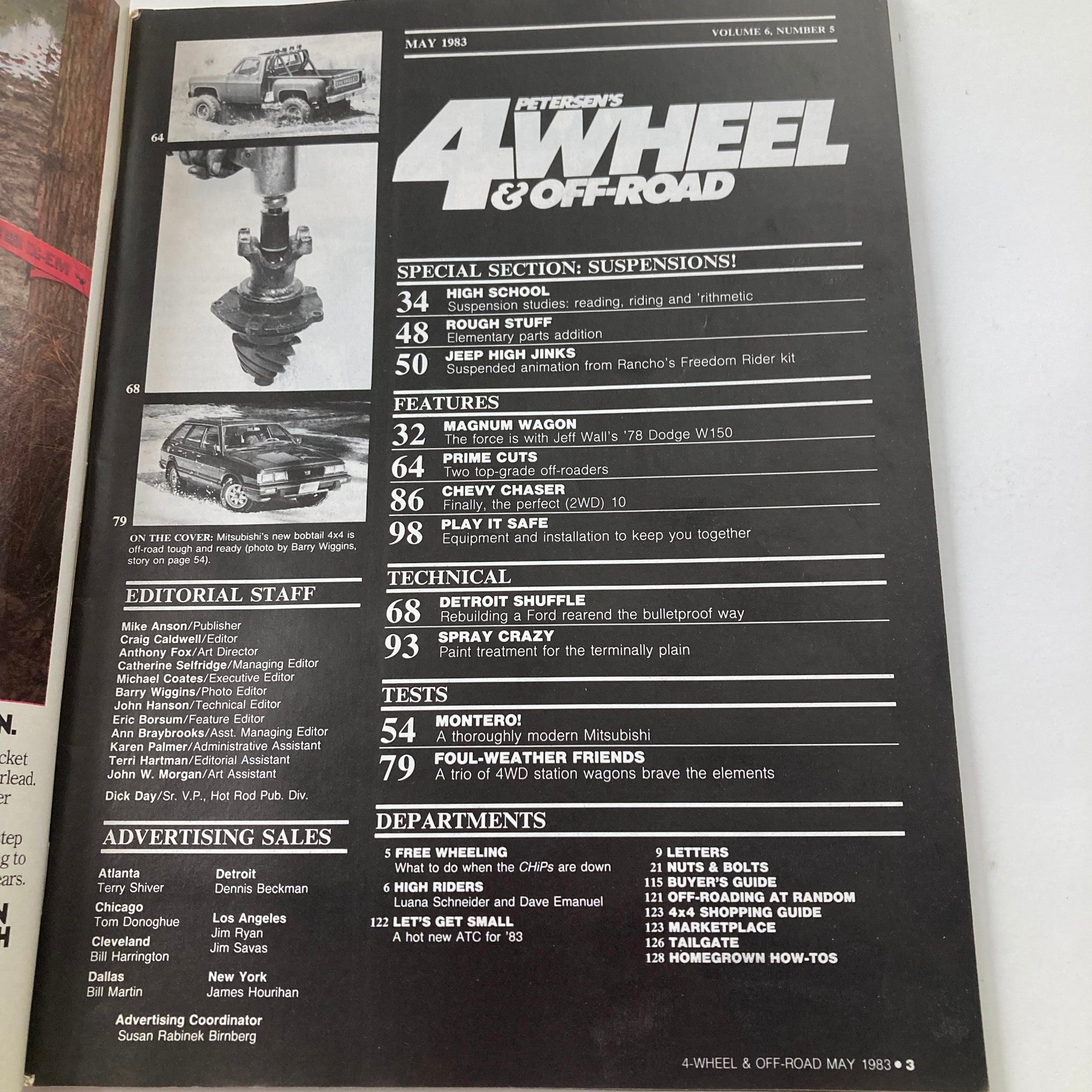 Interior page of Petersen's 4 Wheel & Off-Road Magazine May 1983, including contents and features such as the Mitsubishi Montero, emphasizing the magazine's focus on off-road vehicles and automotive culture.