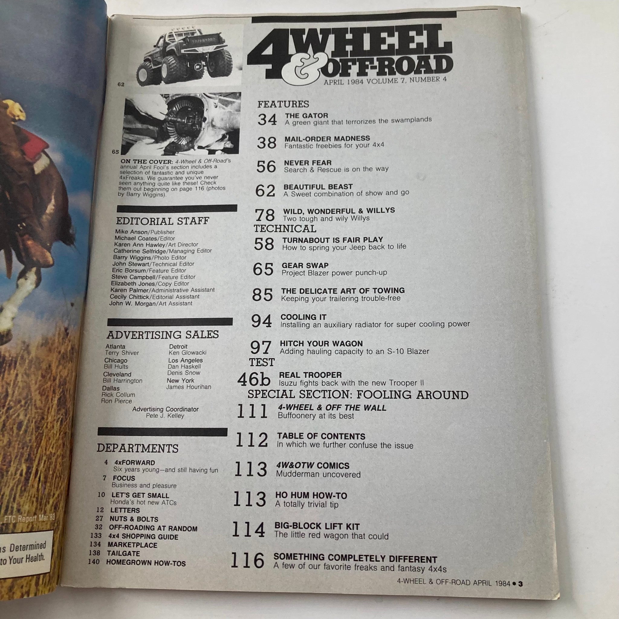 Table of contents from the April 1984 issue of Petersen's 4 Wheel & Off-Road Magazine featuring Isuzu Trooper II, showcasing articles and features related to off-roading, technical tips, and vehicle reviews.