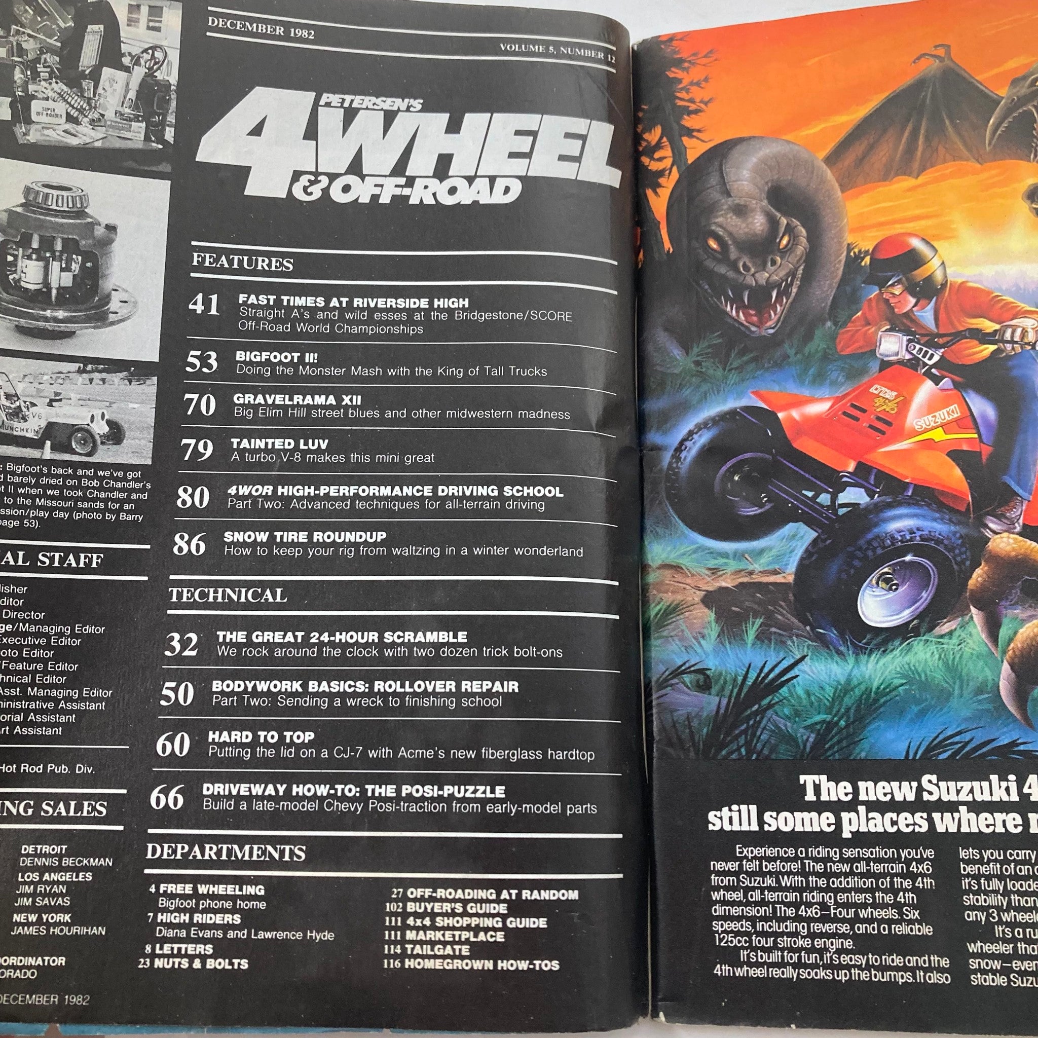 Interior spread of Petersen's 4 Wheel & Off-Road Magazine December 1982 featuring articles on off-roading, including 'BIG FOOT II' and a snow tire roundup, showcasing a nostalgic look at 1980s automotive culture.