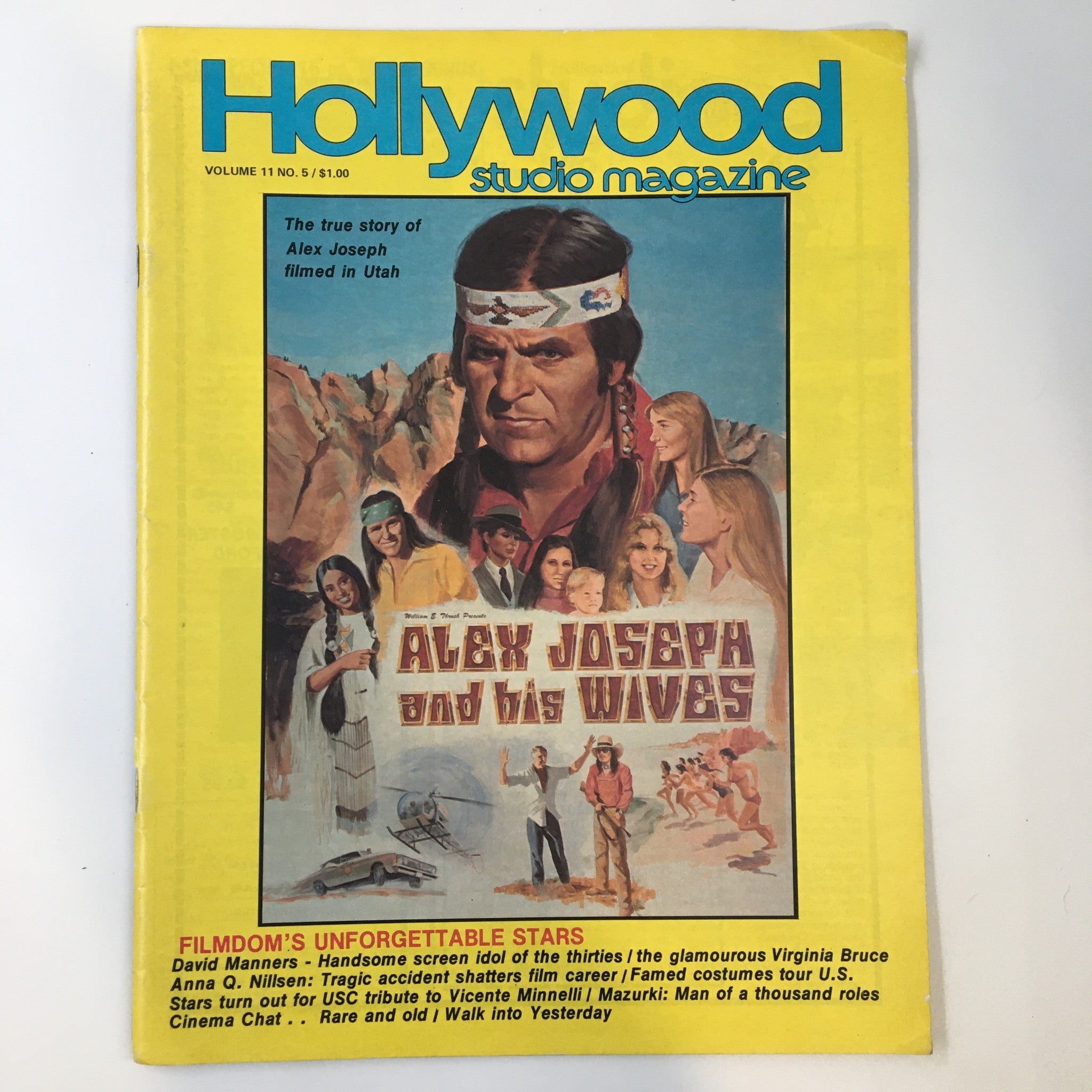 Cover of VTG Hollywood Studio Magazine April 1977 featuring the story of Alex Joseph and his wives, with colorful artwork and titles prominently displayed.
