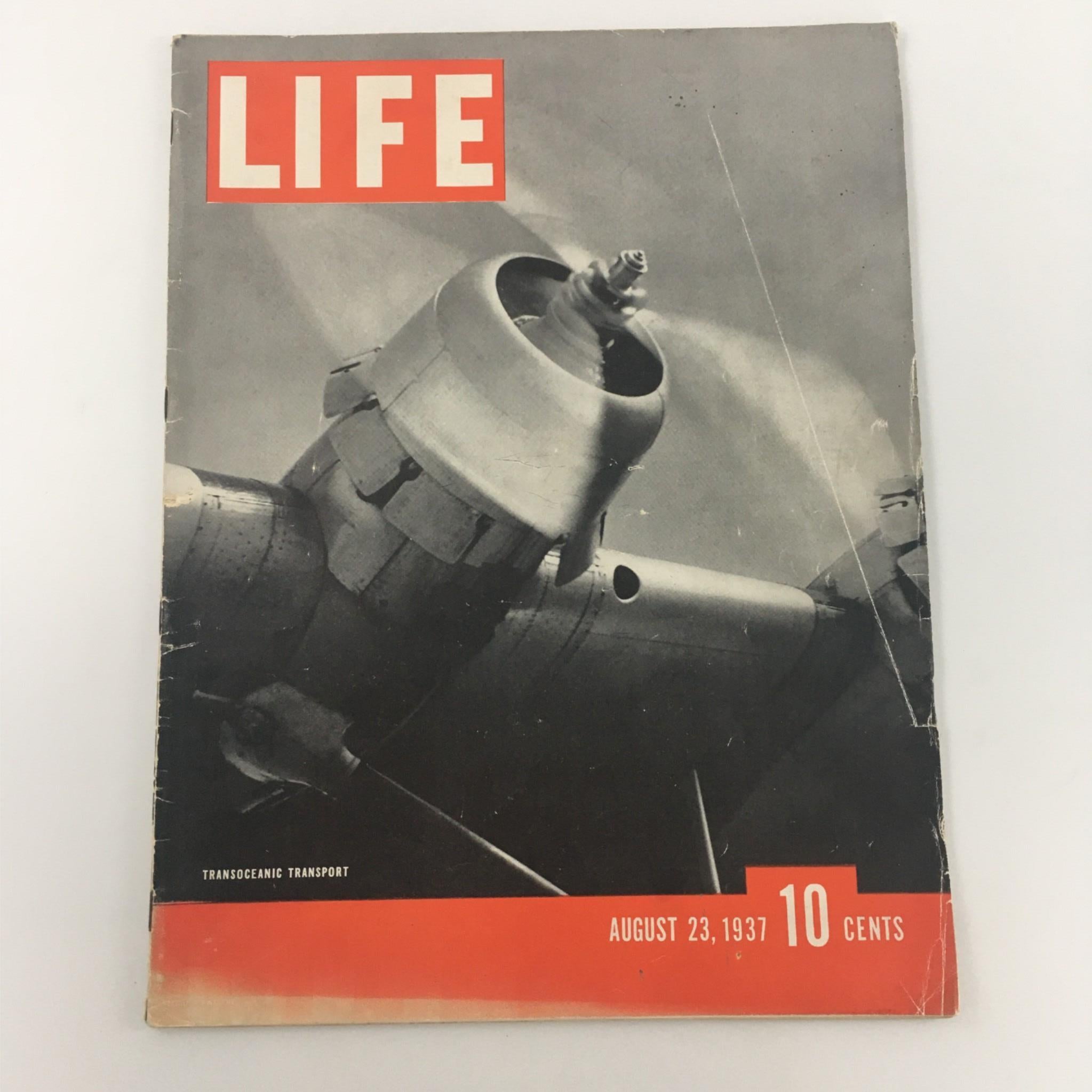 VTG Life Magazine August 23, 1937 cover featuring a close-up of a Transoceanic Transport Plane's engine, showcasing innovative aviation design from the late 1930s.