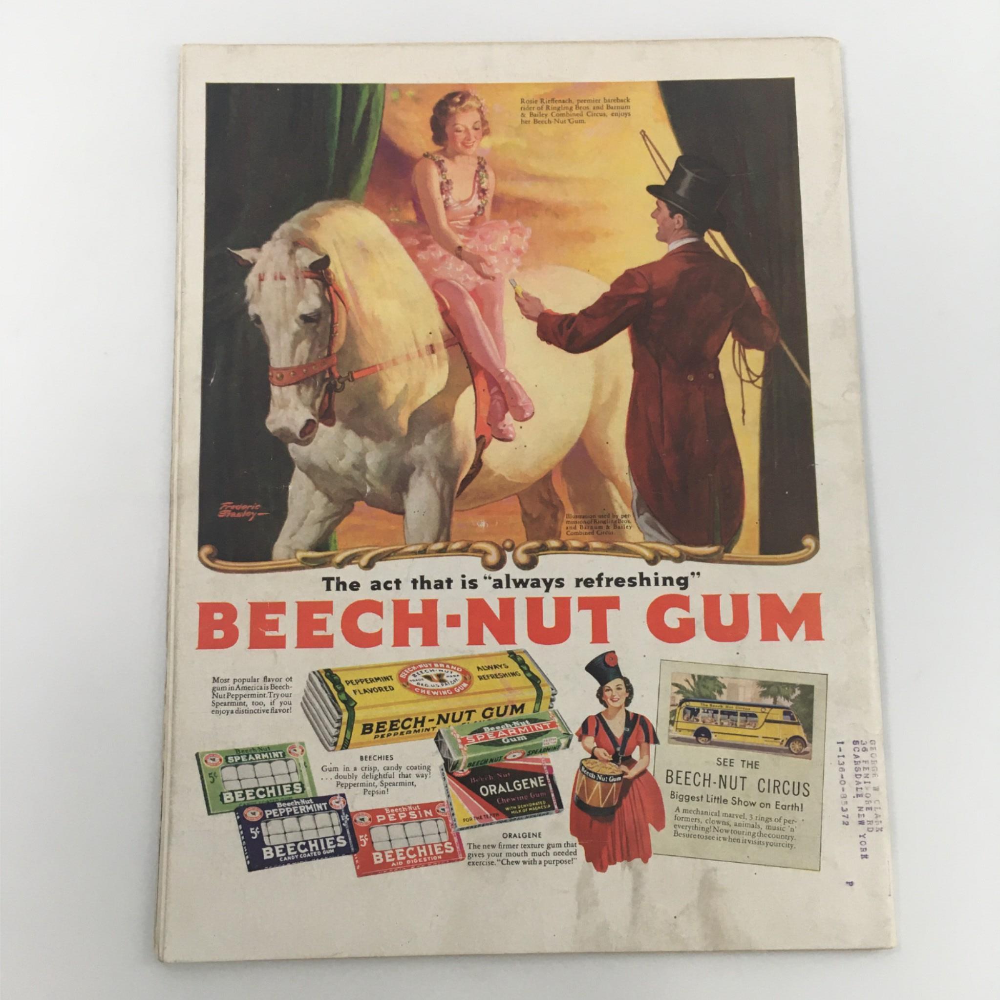 VTG Life Magazine August 23, 1937 back cover advertisement for Beech-Nut Gum, featuring a circus theme with a girl on a horse and a performer, highlighting vintage advertising style.