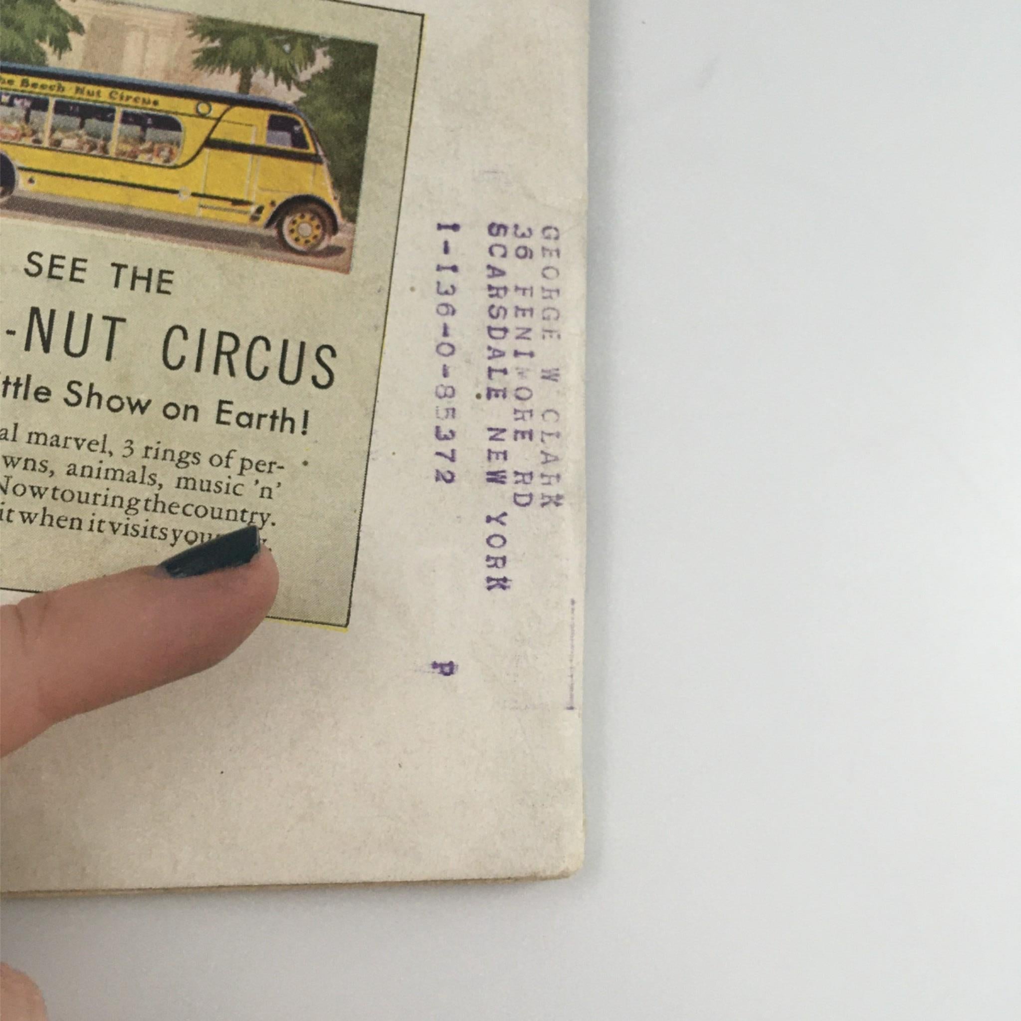 Back cover of VTG Life Magazine August 23, 1937 showcasing an advertisement for the Beach Nut Circus featuring a colorful yellow bus.