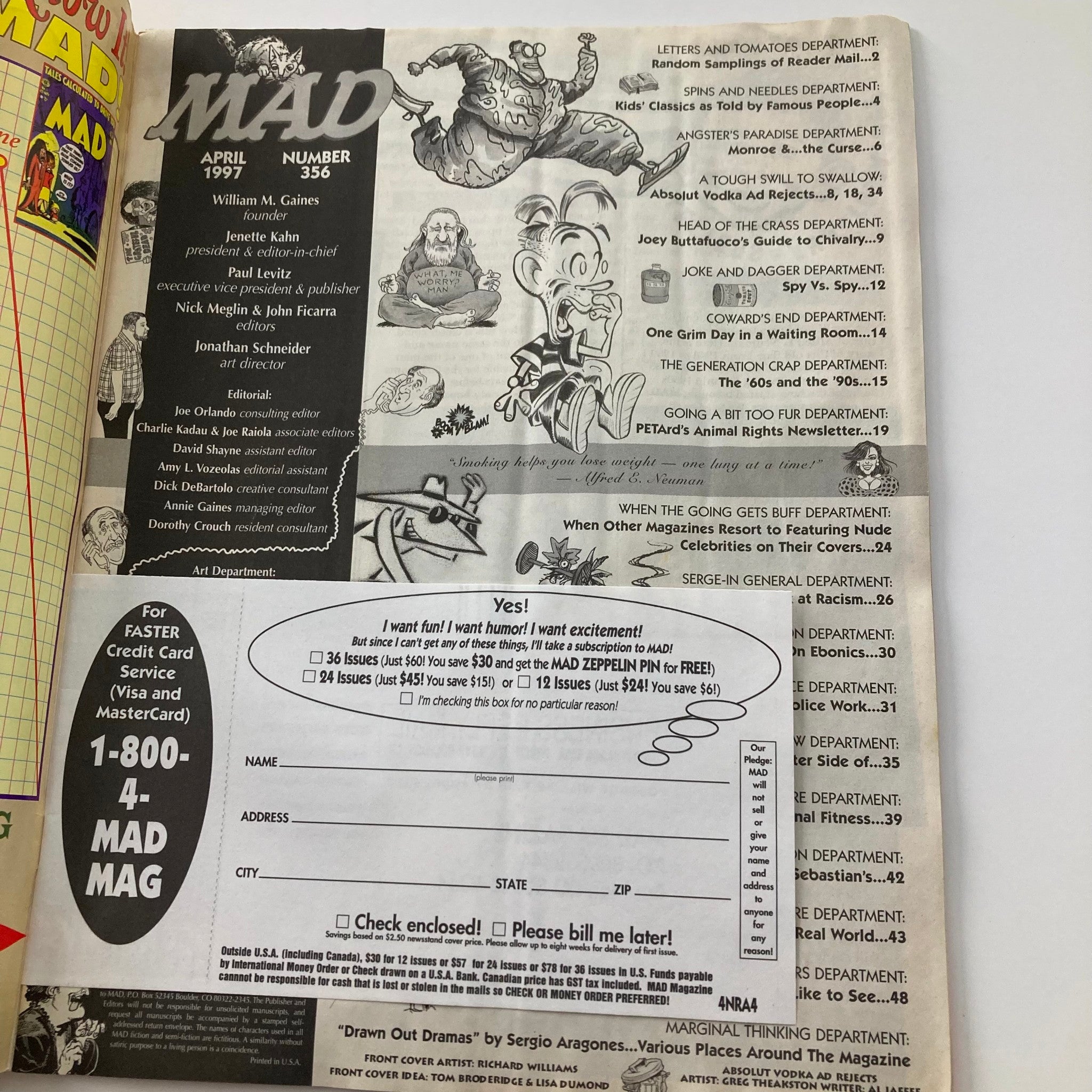 Inside page of Mad Magazine April 1997 #356 displaying the editorial section with quirky titles and illustrations, reflective of the magazine's satirical nature.