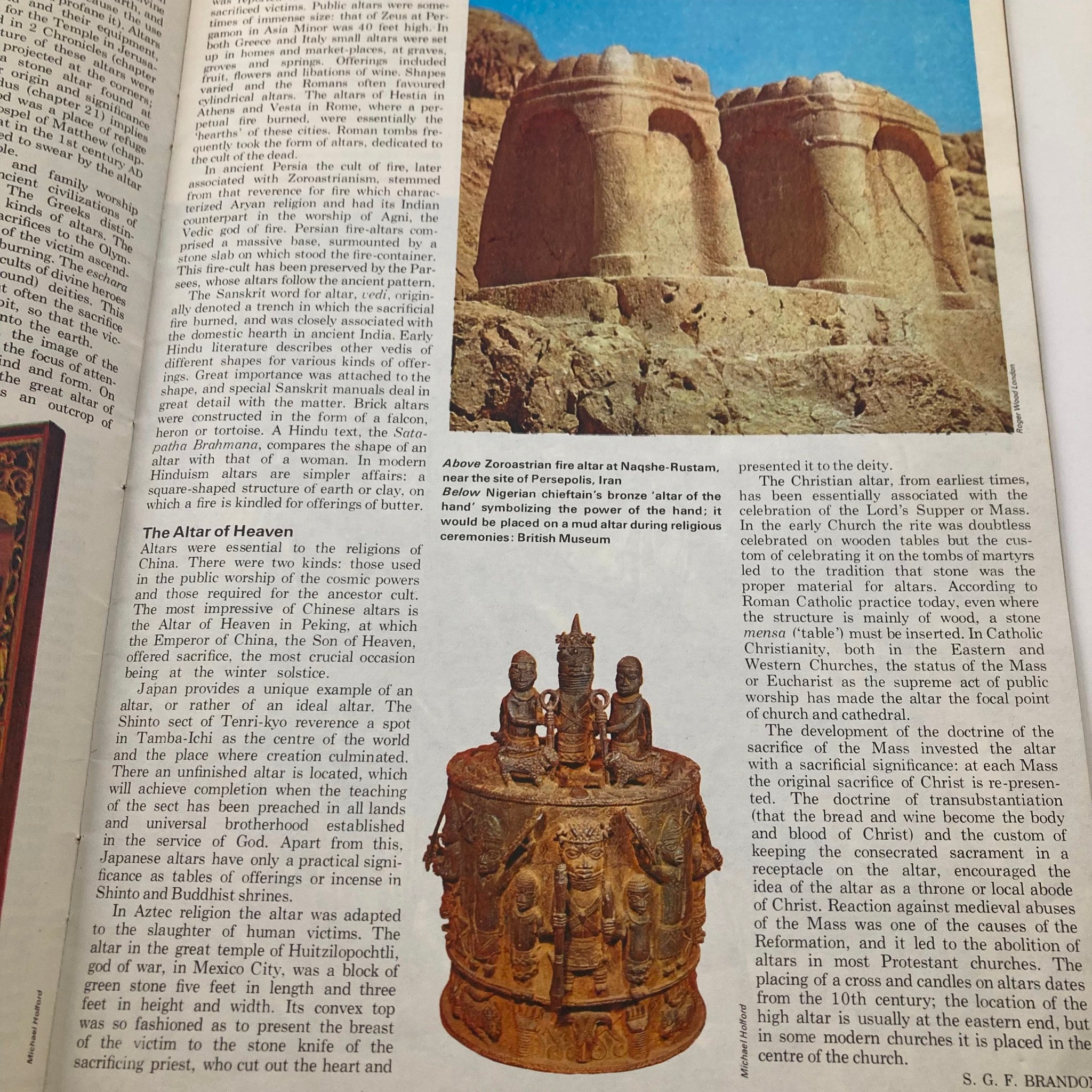 VTG Man, Myth & Magic Magazine 1970 features 'The Altar of Heaven' highlighting Zoroastrian fire altar and ancient religious practices, showcasing historical illustrations.