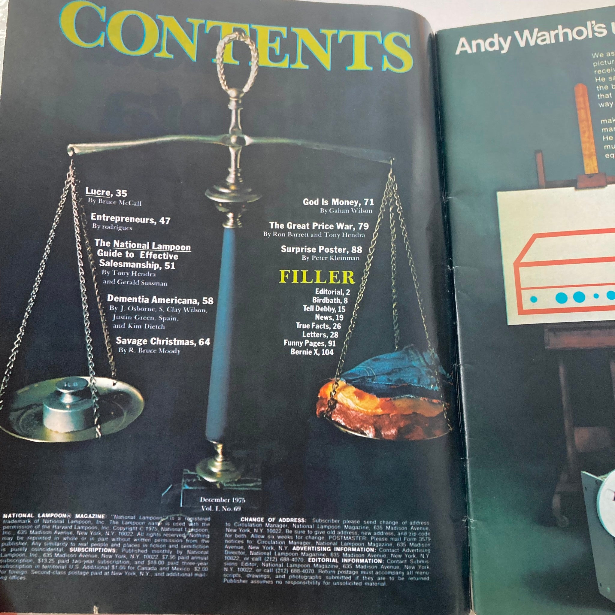 Contents page of Vintage National Lampoon Magazine December 1975 Vol 1 No 69 detailing articles and features including 'God is Money' and 'The Great Price War'.