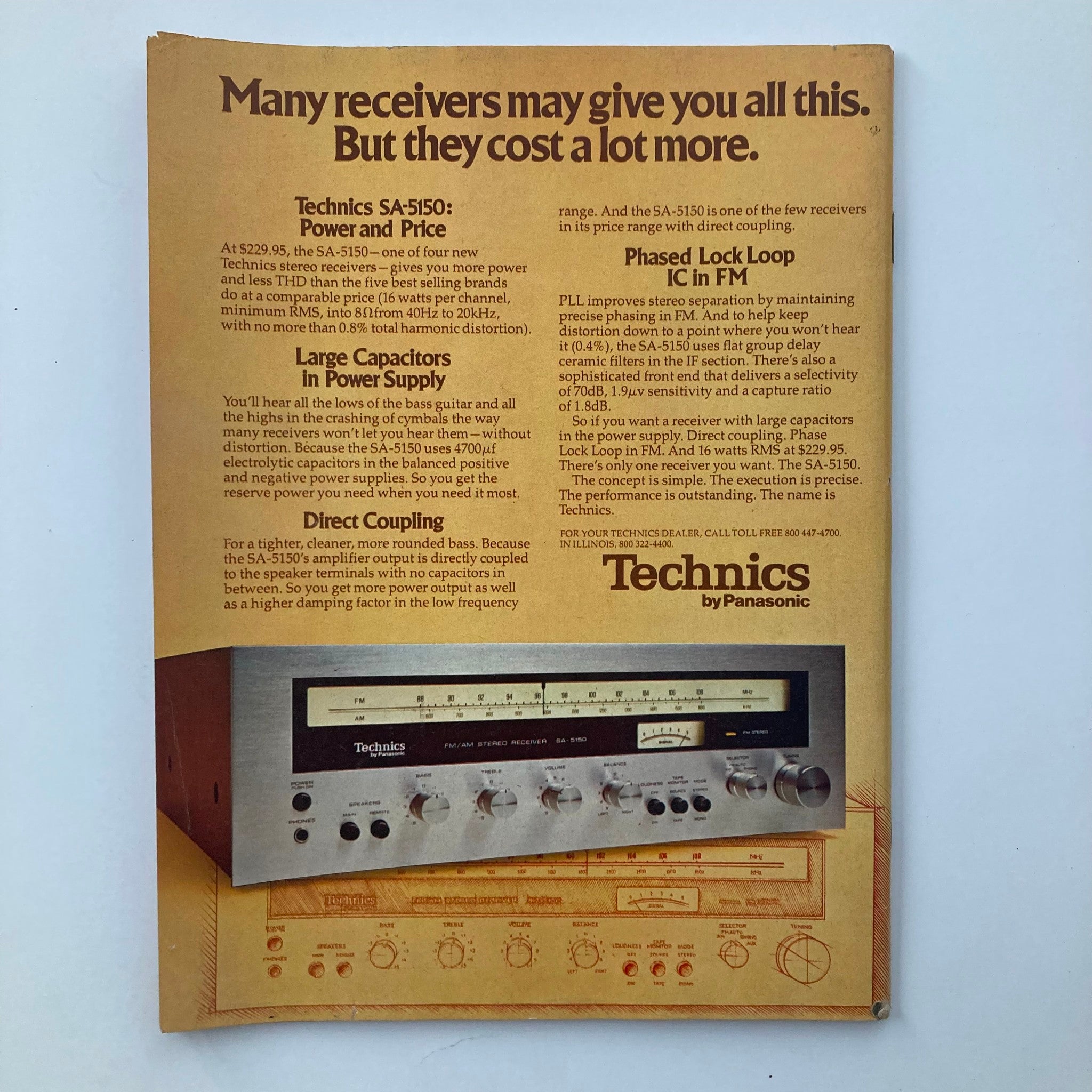 Advertisement page featuring Technics SA-5150 receiver in Vintage National Lampoon Magazine December 1975 Vol 1 No 69 highlighting features and pricing for audio equipment.