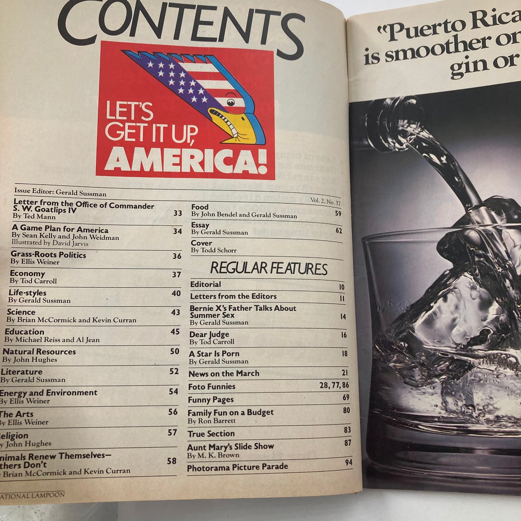 Interior page of National Lampoon Magazine, Vol 2 No 37, August 1981, displaying the contents list including features such as 'Let's Get It Up, America!' and various articles.