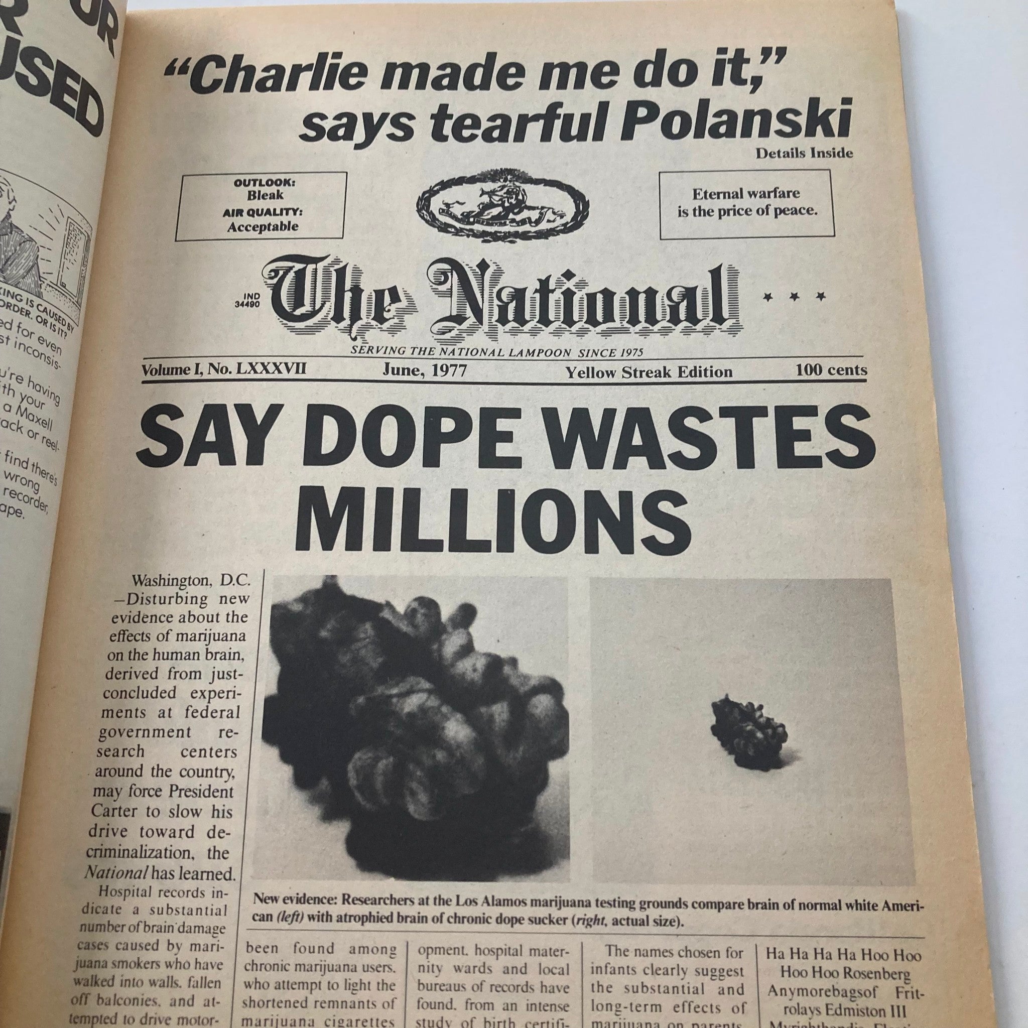 Interior page of Vintage National Lampoon Magazine June 1977 Vol 1 #87 featuring the article titled 'Say Dope Wastes Millions'.