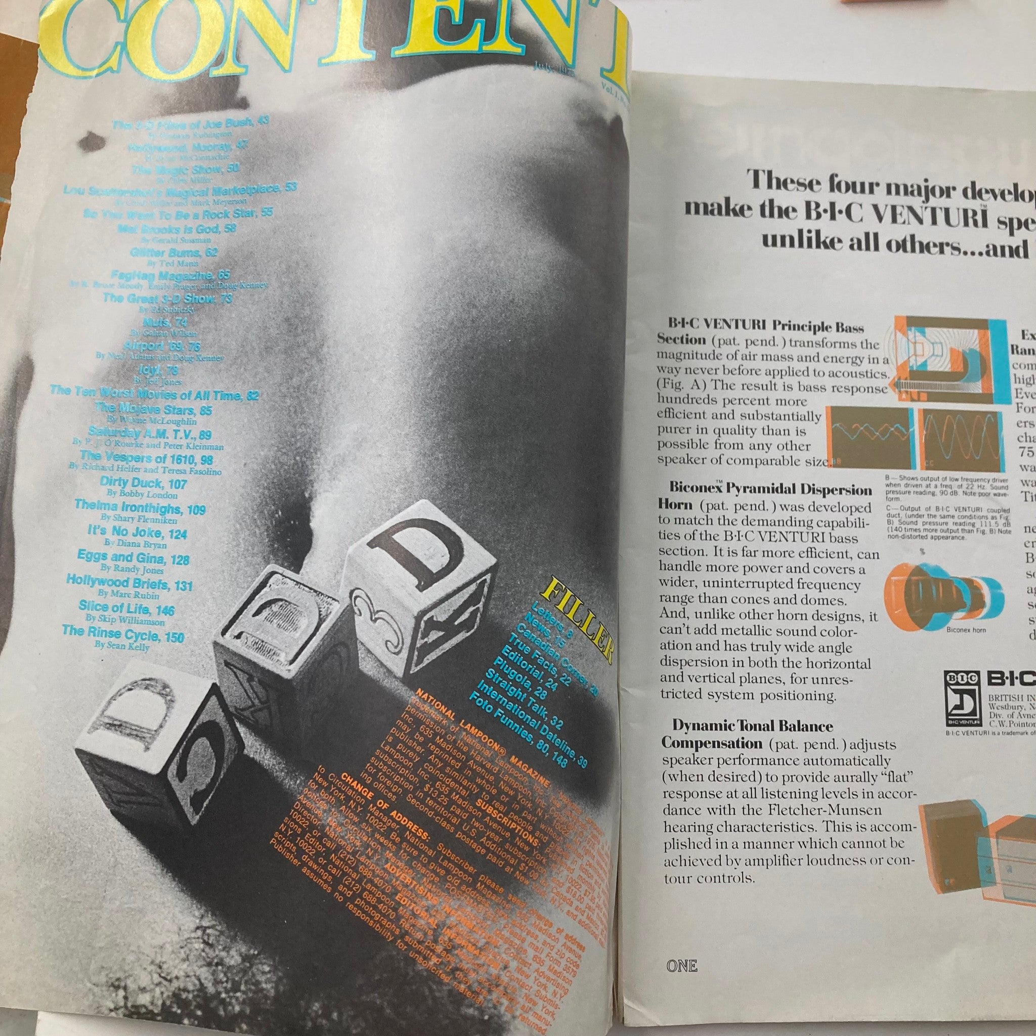 Inside content page of Vintage National Lampoon Magazine July 1975, showcasing unique articles and whimsical design reflecting 1970s pop culture.