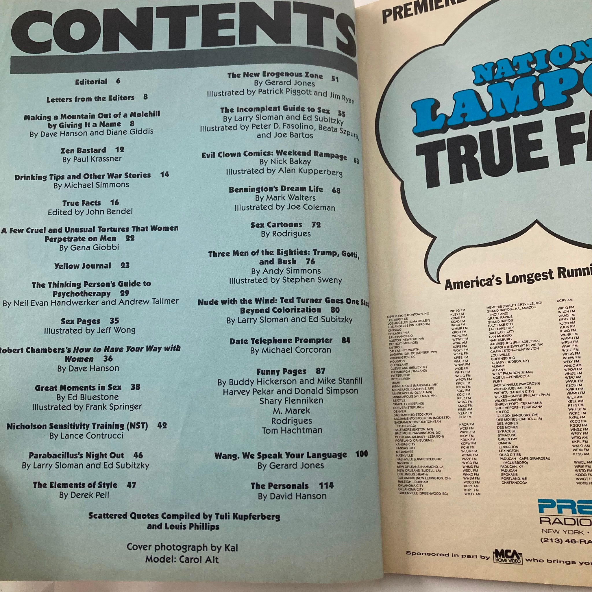 Contents page of Vtg National Lampoon Magazine June 1988 featuring articles and contributions related to pop culture and humor, including contributions by notable writers, making it a collectible item.