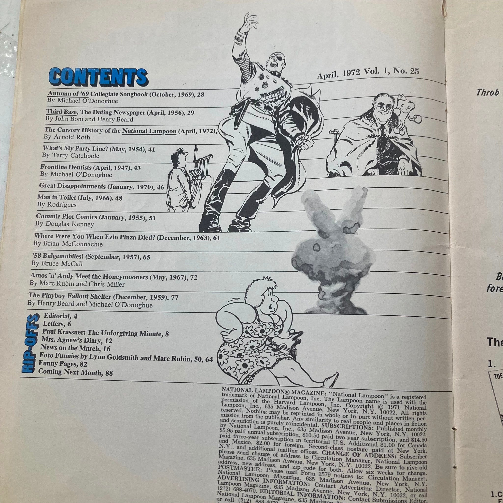 Contents page of Vtg National Lampoon Magazine April 1972 Vol 1 No 25 featuring article titles and humorous illustrations.