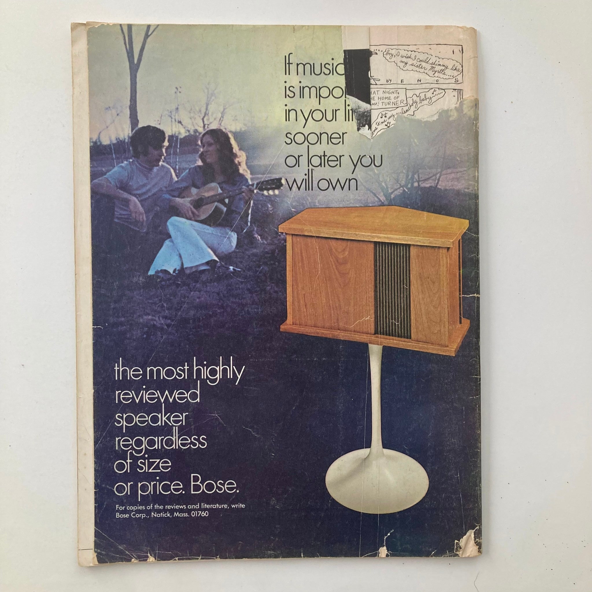 Back cover of Vtg National Lampoon Magazine April 1972 Vol 1 No 25 showcasing vintage advertisement for Bose speakers.