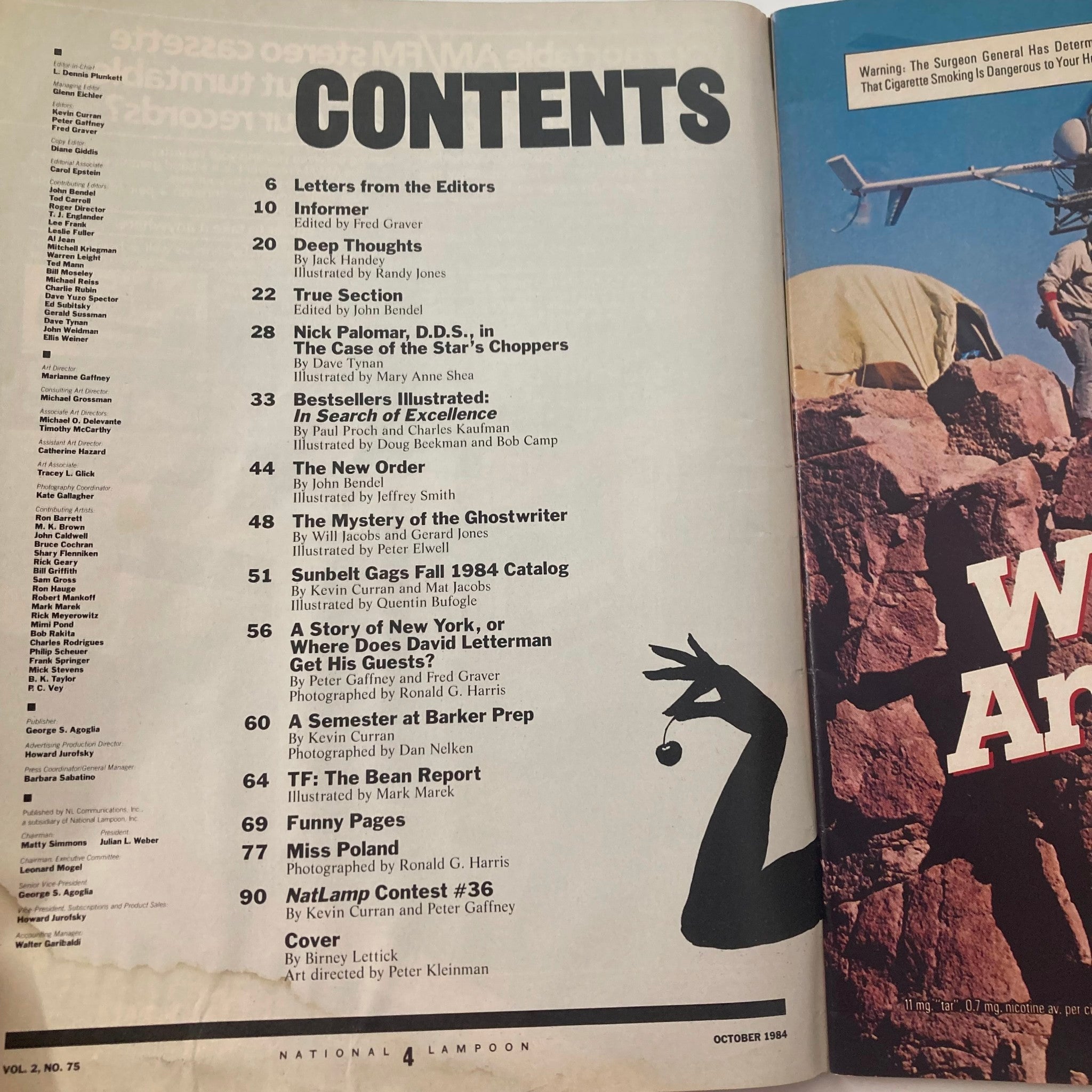Contents page of the Vintage National Lampoon Magazine from October 1984, highlighting various articles and features, part of pop culture history.