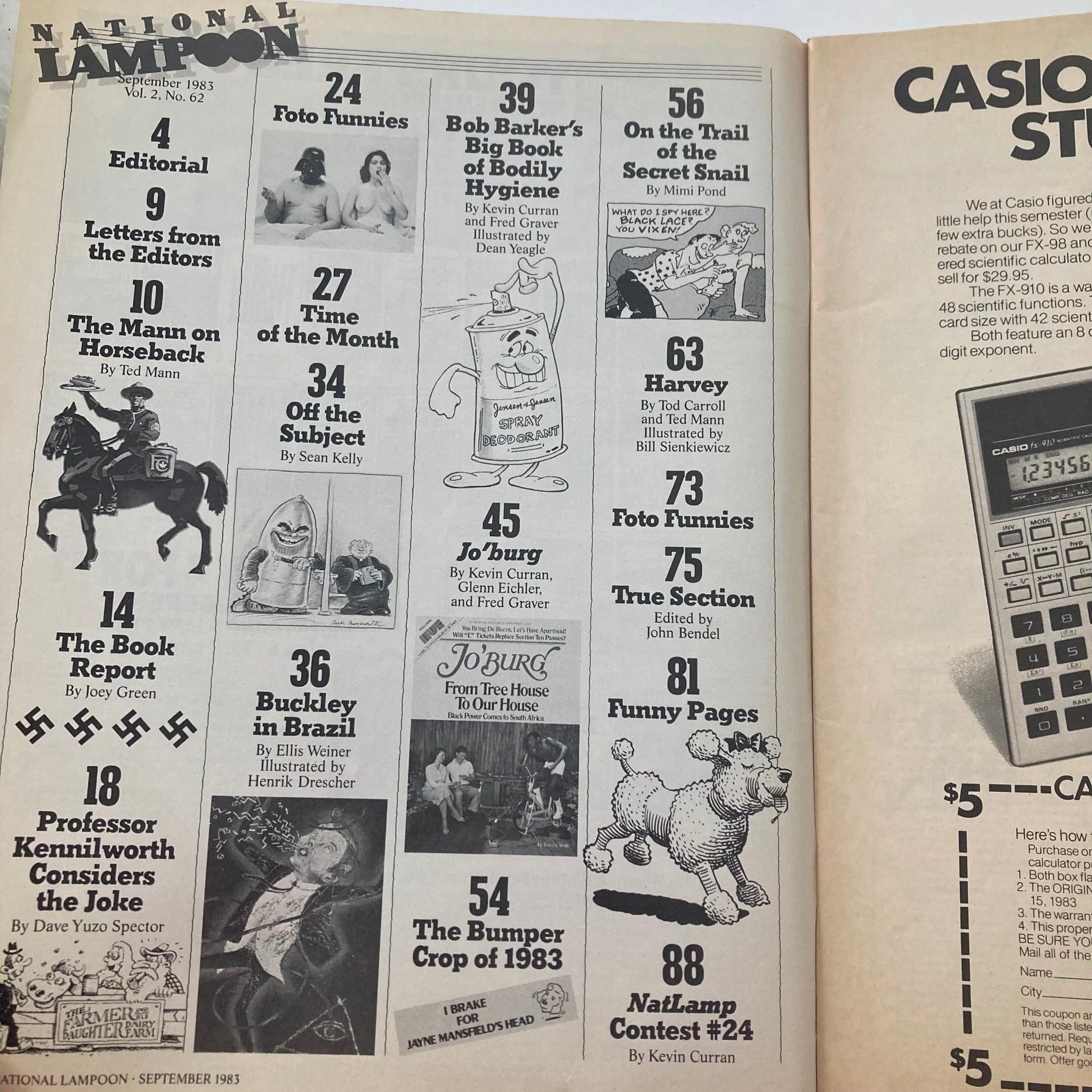 Interior page of Vtg National Lampoon Magazine September 1983 All-Star Gala Edition showcasing an editorial layout with various article titles and humorous illustrations.