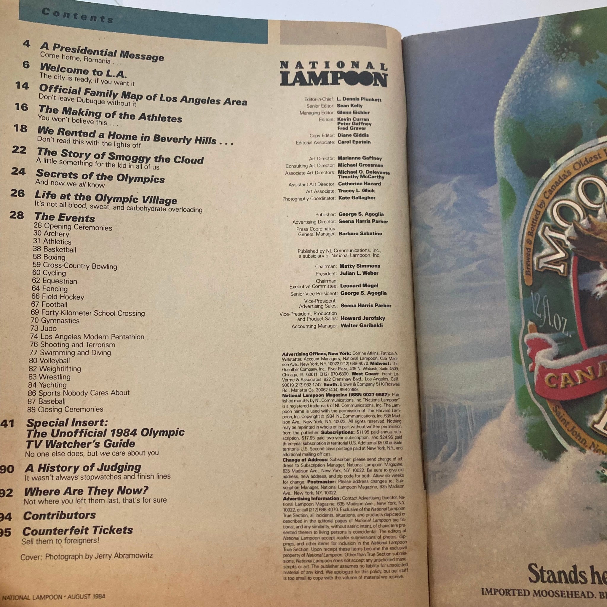 Contents page of Vtg National Lampoon Magazine August 1984 Special Edition: The Unofficial 1984 Olympic Guide showing article titles and features related to the Olympics.