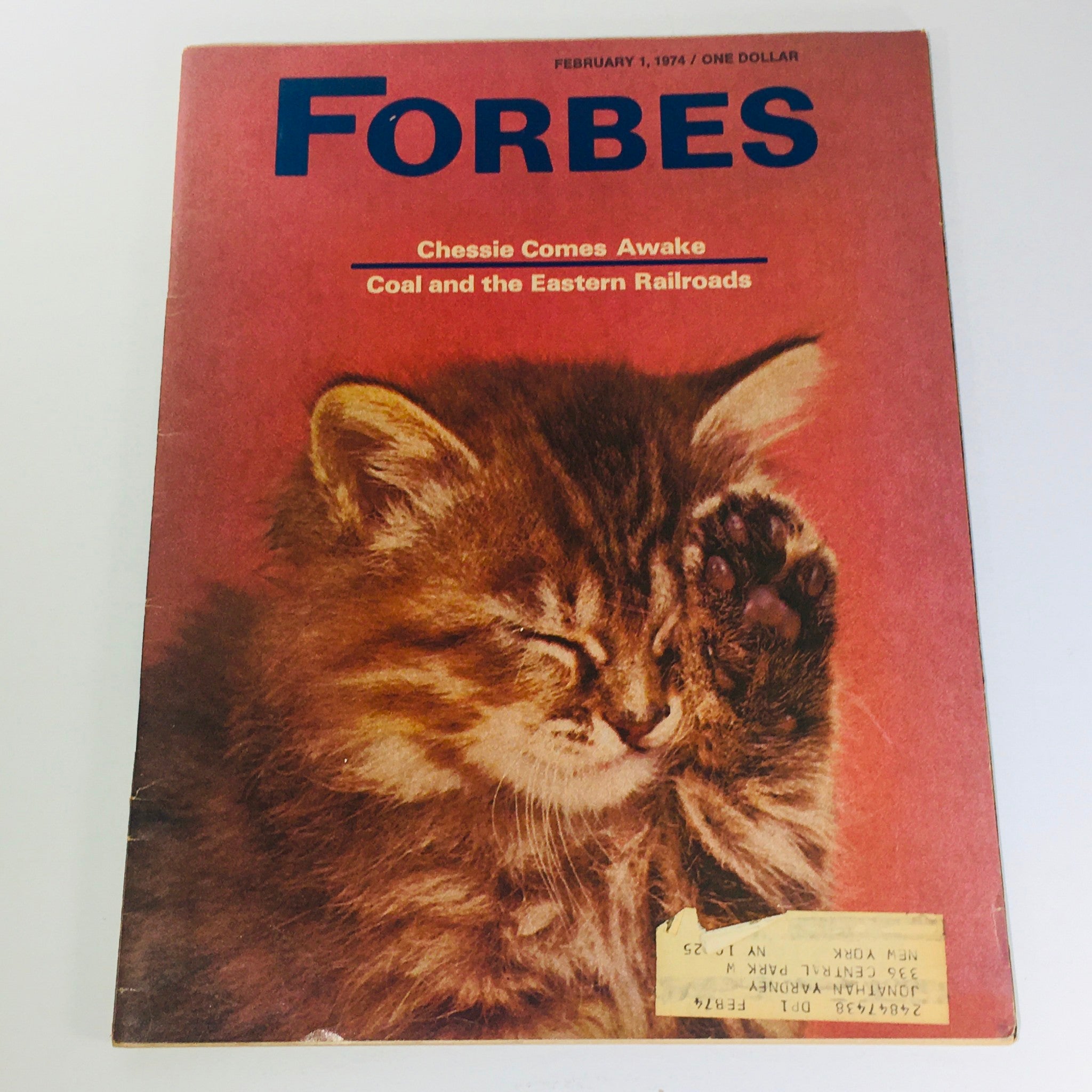 Forbes Magazine cover from February 1, 1974, featuring the title 'Chessie Comes Awake' and 'Coal and the Eastern Railroads', with a playful kitten image and an address label on the front.