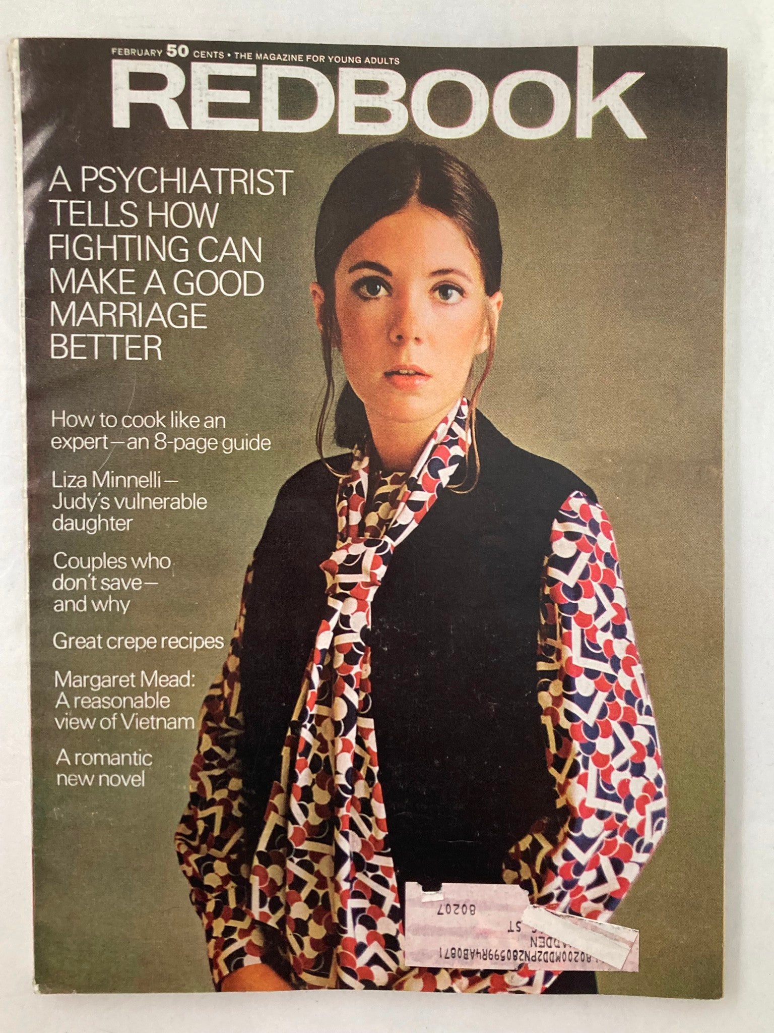 Vintage Redbook magazine cover from February 1970 featuring a photograph of Mary Hanson, with a focus on relationships, cooking tips, and cultural commentary.