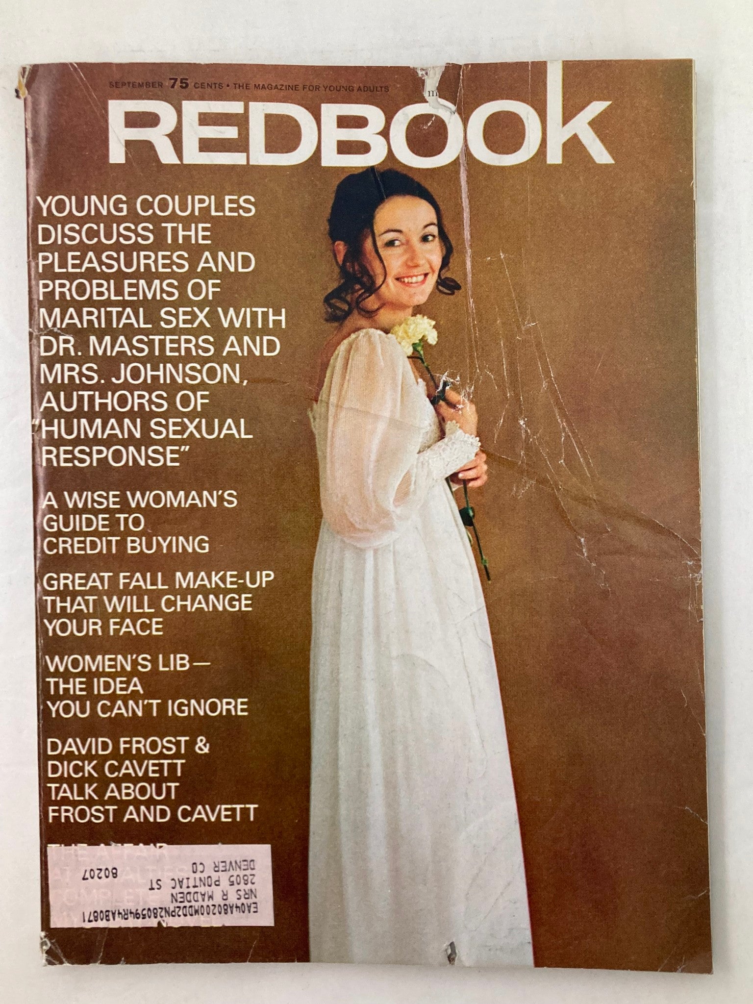 VTG Redbook Magazine September 1970 Cover featuring Mary Hayden, showcasing the title and image of a smiling woman in a wedding dress holding a flower, with visible signs of wear.