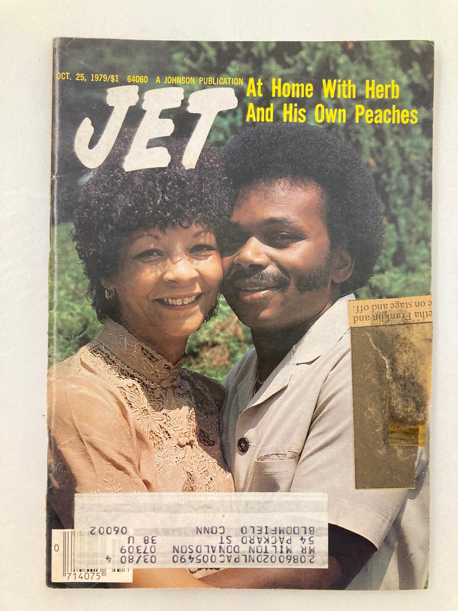 Cover of VTG Jet Magazine October 25 1979 Vol 57 #6 featuring the title 'At Home with Herb and His Own Peaches', showcasing a couple smiling together, with the magazine's title prominently displayed.