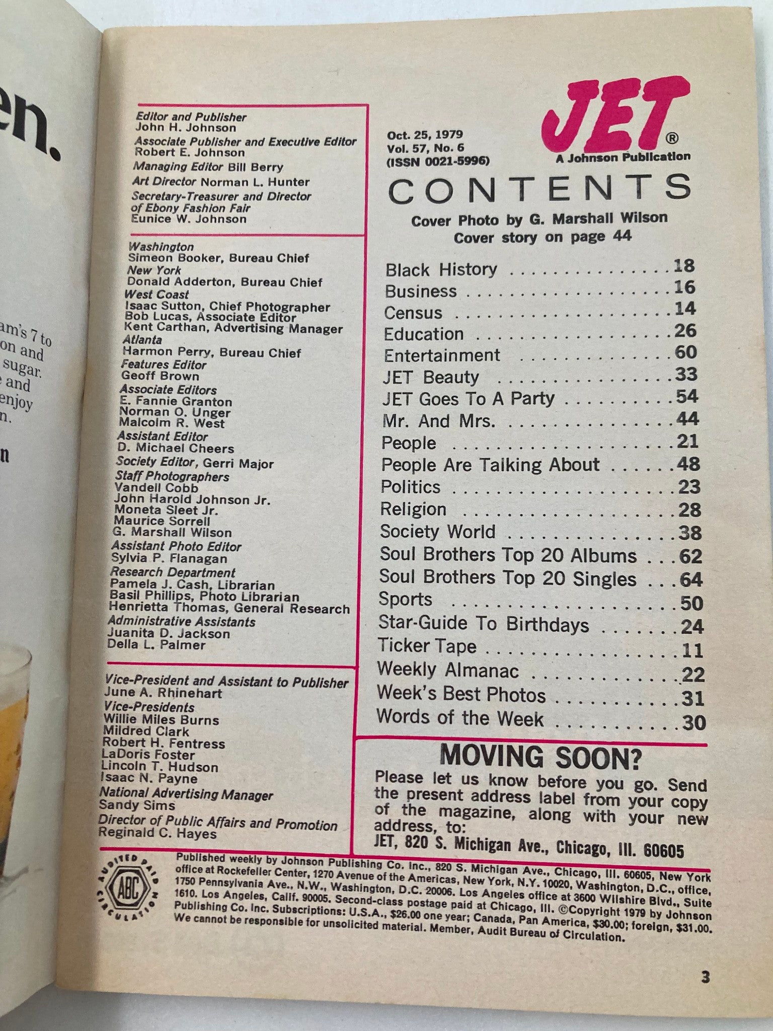 Contents page of VTG Jet Magazine October 25 1979 Vol 57 #6, listing articles on topics like Black History, Business, and Entertainment, published by Johnson Publishing Company.