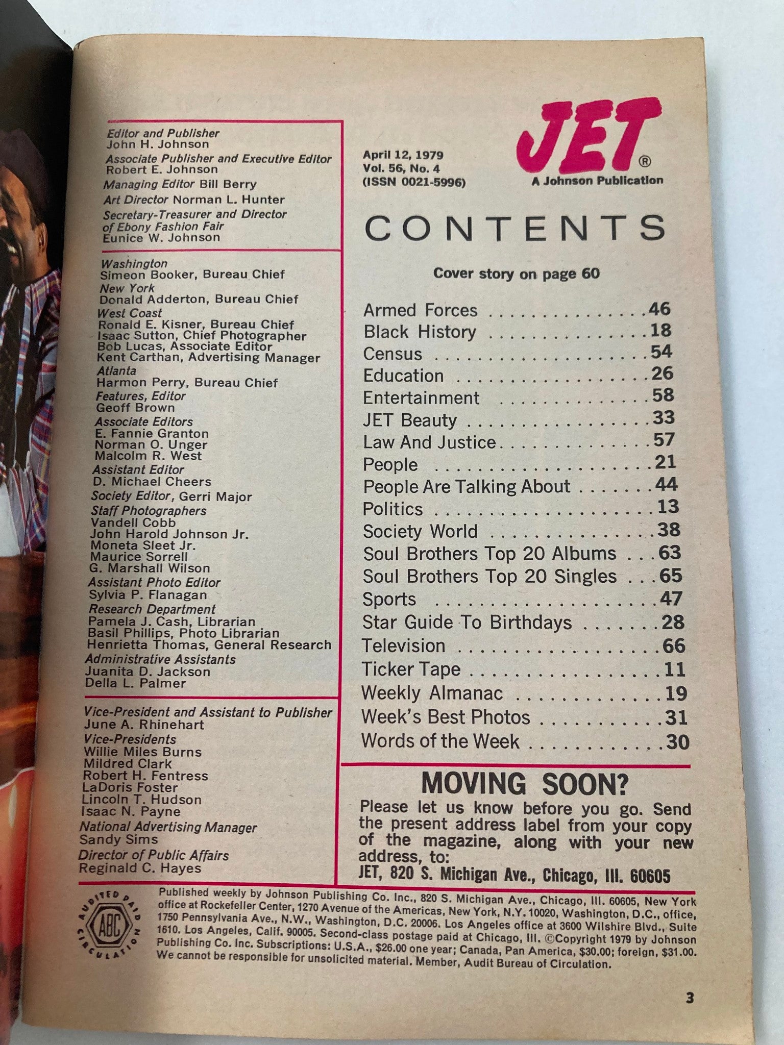 Interior page of VTG Jet Magazine April 12 1979 containing the table of contents, highlighting various articles and features.