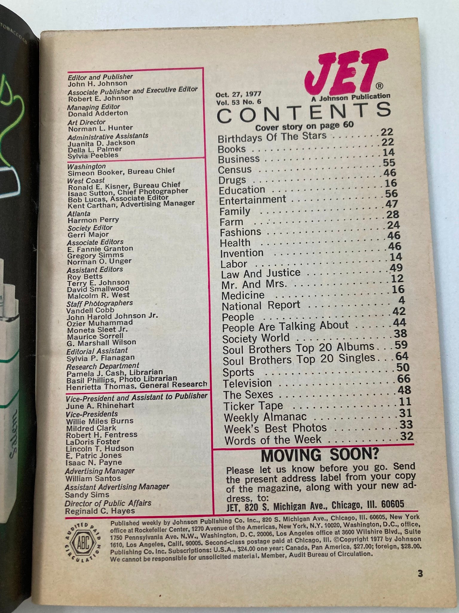 Inside page of VTG Jet Magazine October 27 1977 Vol 53 #6 listing the contents, showcasing articles on stars' birthdays, business, entertainment, and more.