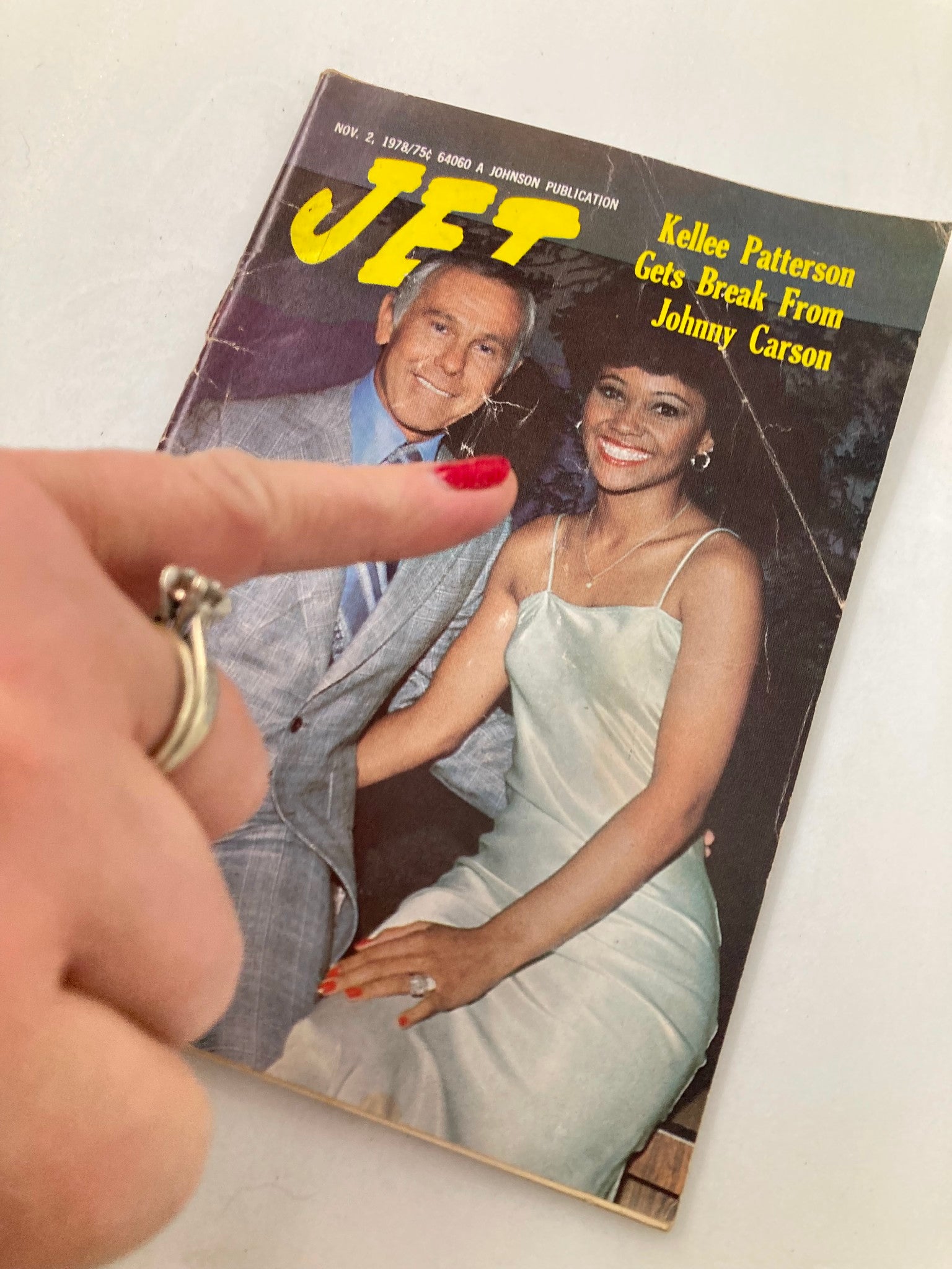 Close-up of the VTG Jet Magazine November 2 1978 cover with Kellee Patterson and Johnny Carson, highlighting Kellee Patterson's moment as she points to the magazine.