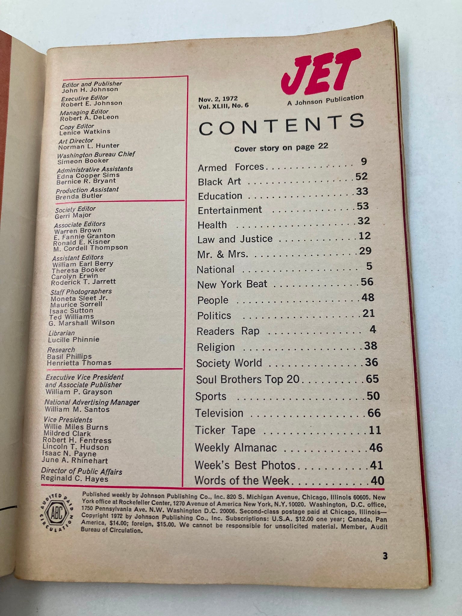 Contents page of VTG Jet Magazine November 2 1972 Vol 43 #6 listing articles including Armed Forces, Education, and Entertainment.