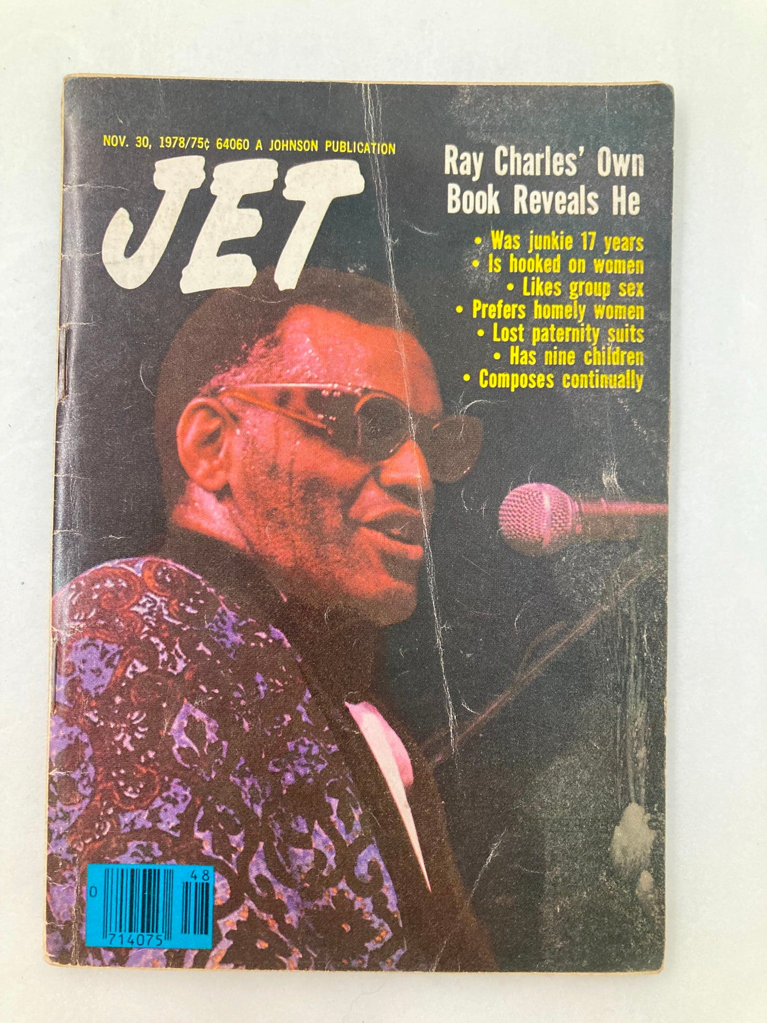 Cover of VTG Jet Magazine from November 30, 1978, featuring Ray Charles. The cover highlights articles about Ray Charles, including personal revelations and details about his life. It shows Ray Charles wearing sunglasses and a patterned outfit while performing. This magazine is in good condition with minor wear and includes a protective plastic covering.
