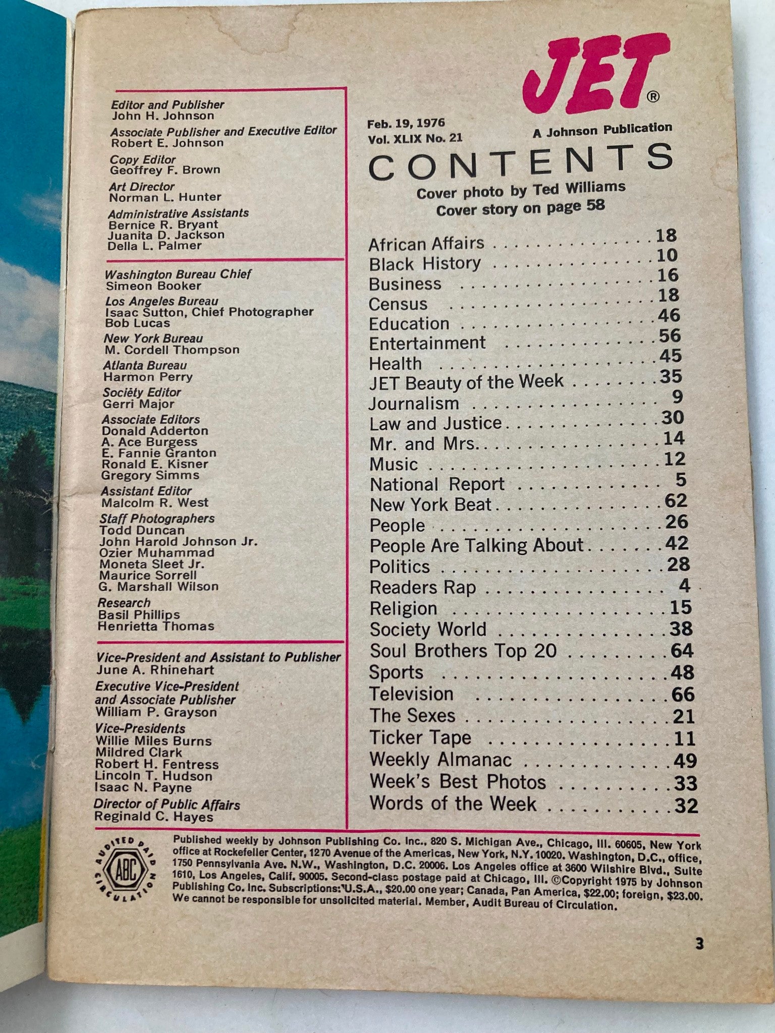 Contents page of VTG Jet Magazine February 19 1976 Vol 49 #21, outlining various sections including African Affairs, Black History, and Music.