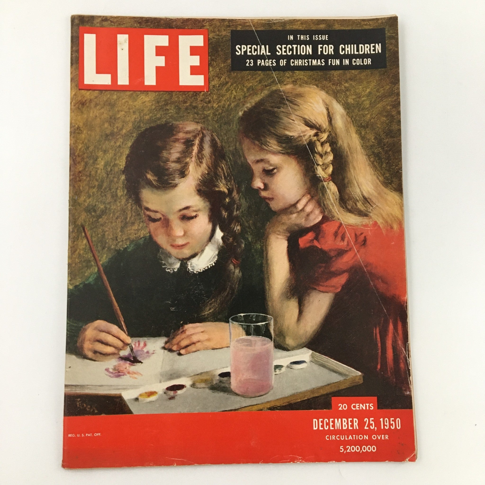 VTG Life Magazine December 25 1950 Special Section for Children Issue, featuring a colorful cover illustration of two girls engaging in artistic activities with vibrant colors. The cover highlights 'Special Section for Children' and showcases nostalgic elements from the mid-20th century.
