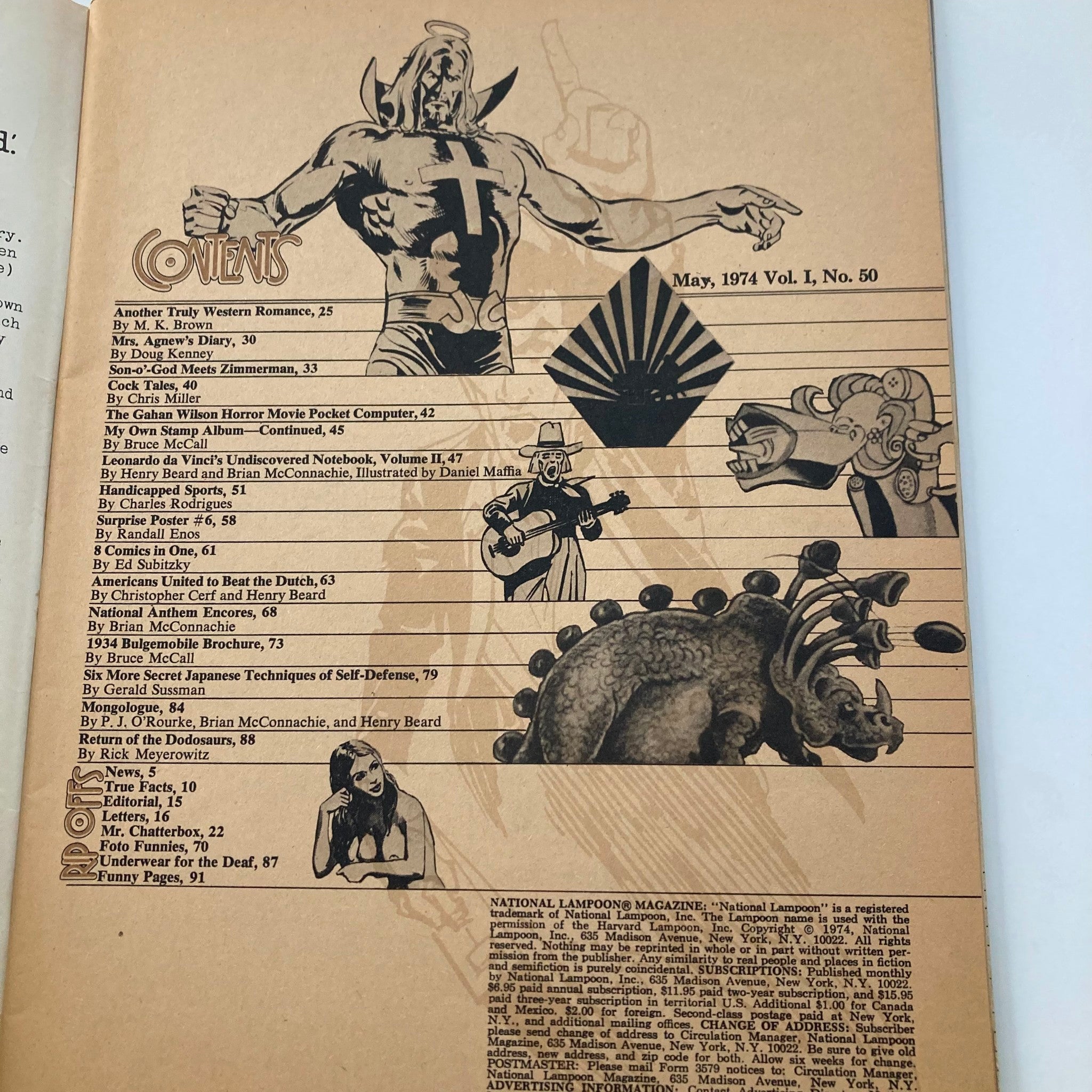 Contents page of Vtg National Lampoon Magazine May 1974 Vol 1 No 50 showcasing various articles and illustrations, reflecting the classic humor style of the publication.