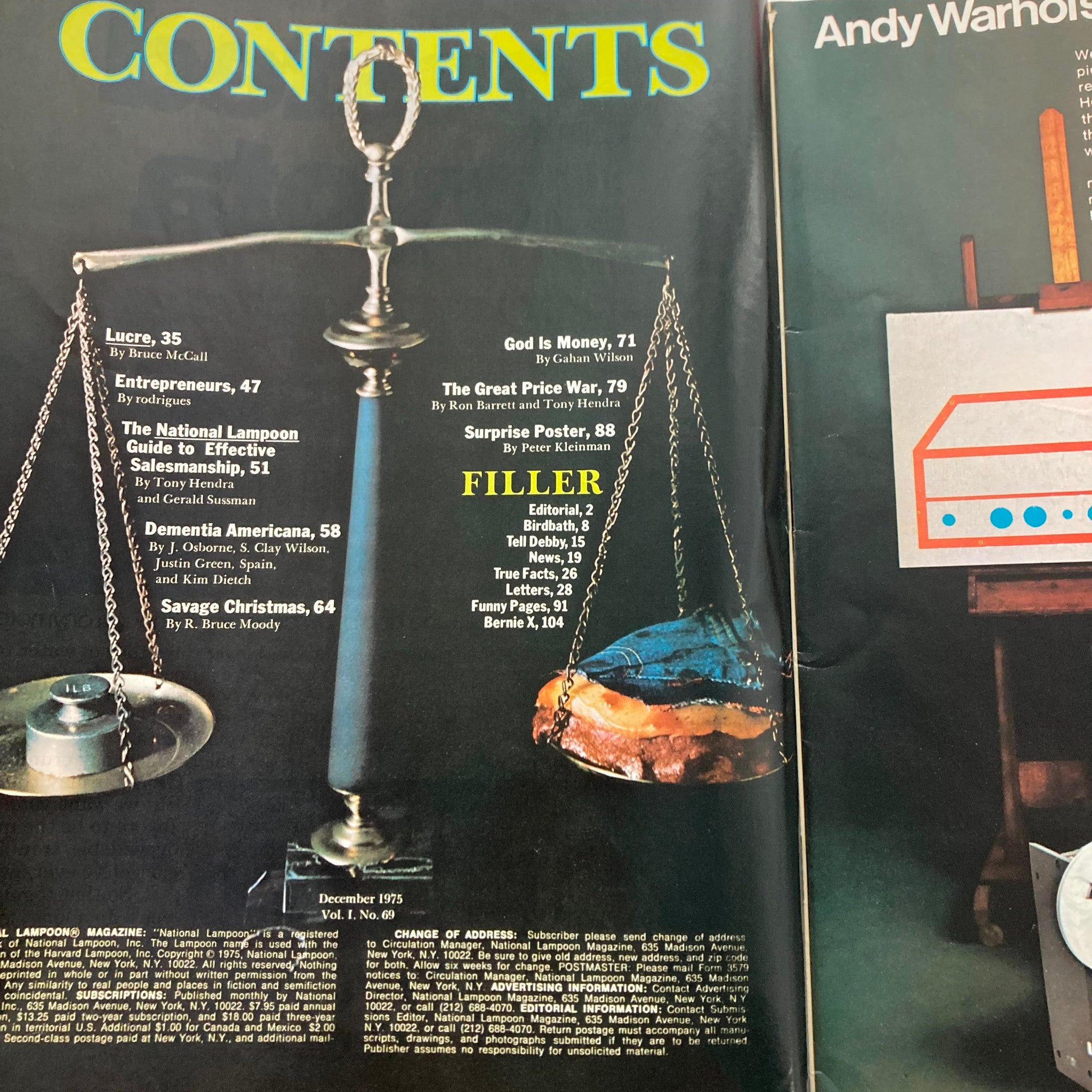 Contents page of Vintage National Lampoon Magazine December 1975, featuring article titles including 'God Is Money' and 'The Great Price War'.