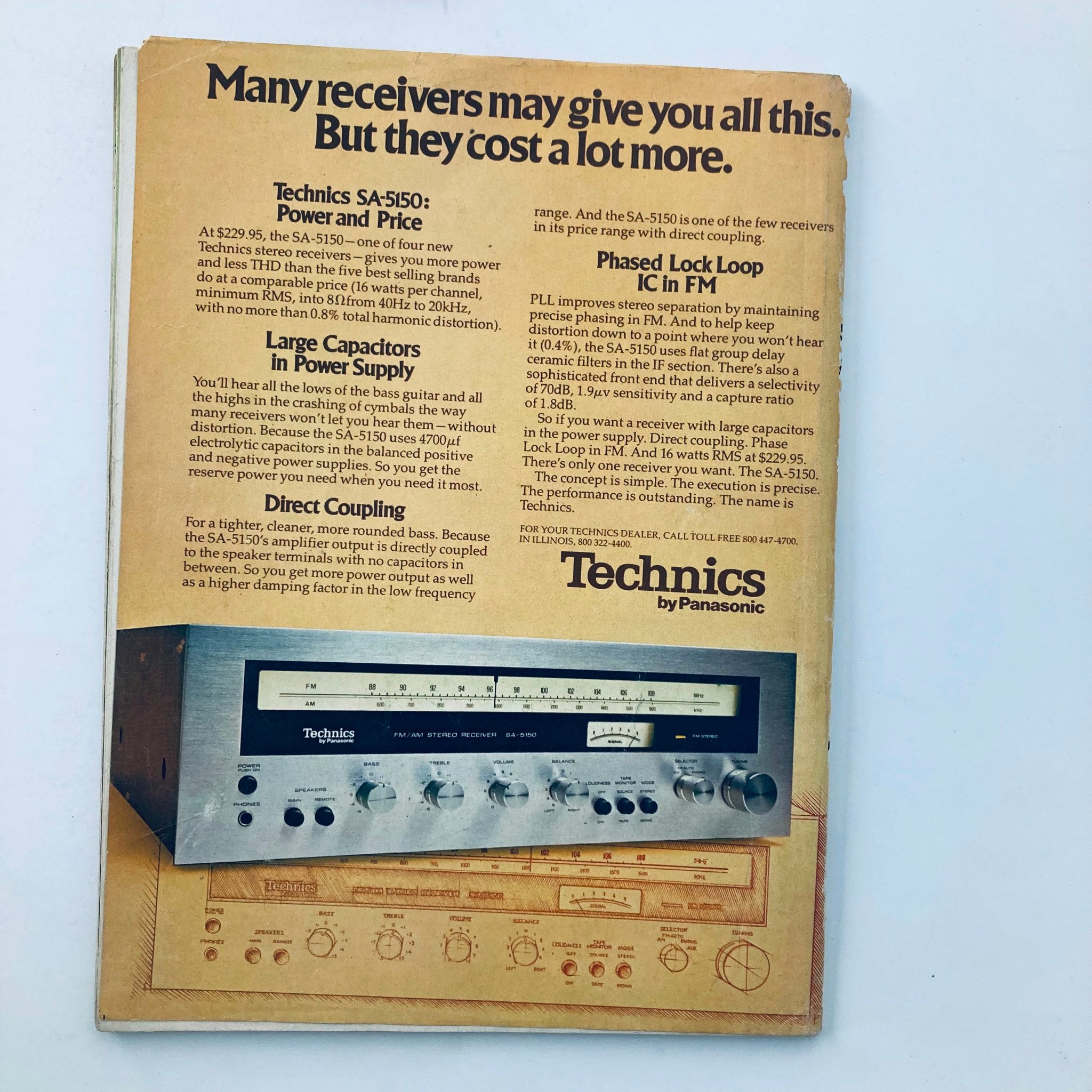 Vintage National Lampoon Magazine December 1975, Vol 1 No 69 "God Is Money" featuring an advertisement for Technics SA-5150 stereo receiver showcasing its features like power supply, direct coupling, and high fidelity performance.