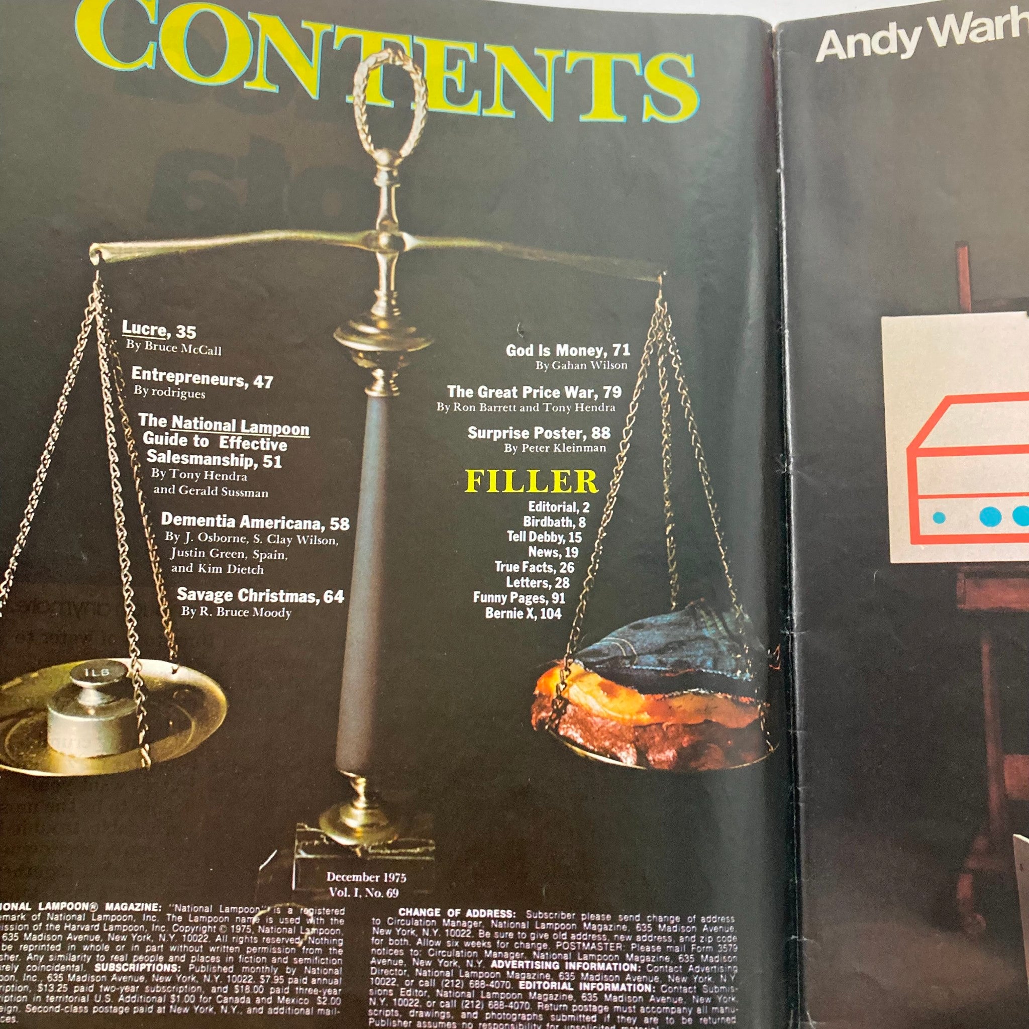 Contents page of Vintage National Lampoon Magazine December 1975 Vol 1 No 69, highlighting various sections including Entrepreneurs, God is Money, and Savage Christmas among others, reflecting the magazine's unique satire.