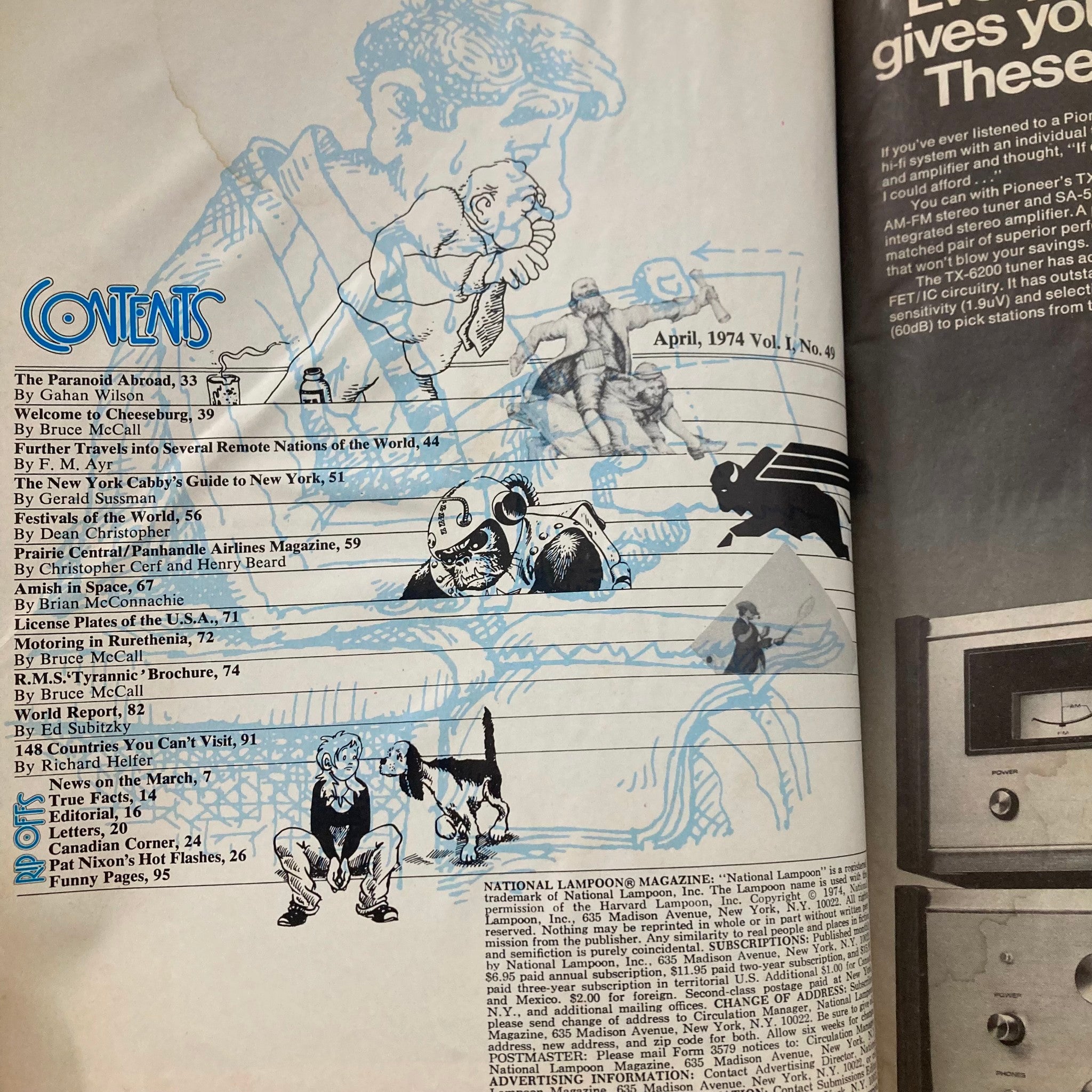 Inside page of Vintage National Lampoon Magazine April 1974, Vol 1 No 49 featuring the table of contents illustration and humorous artwork.