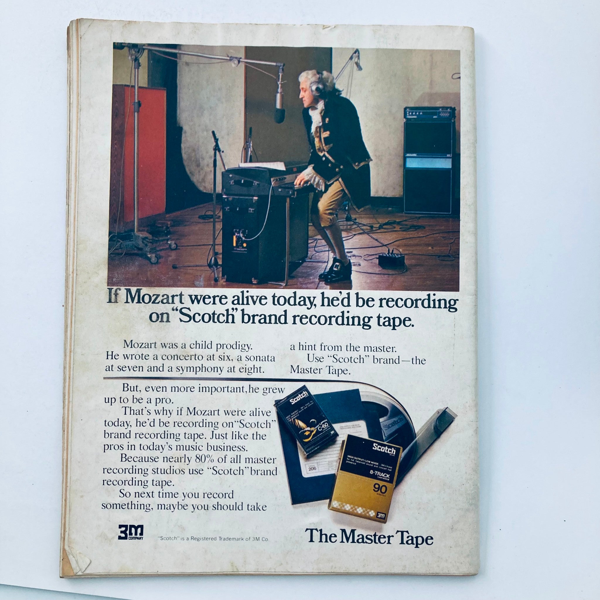 Back cover of Vintage National Lampoon Magazine April 1974 Vol 1 No 49 featuring an advertisement for 'Scotch' brand recording tape with a historical twist.