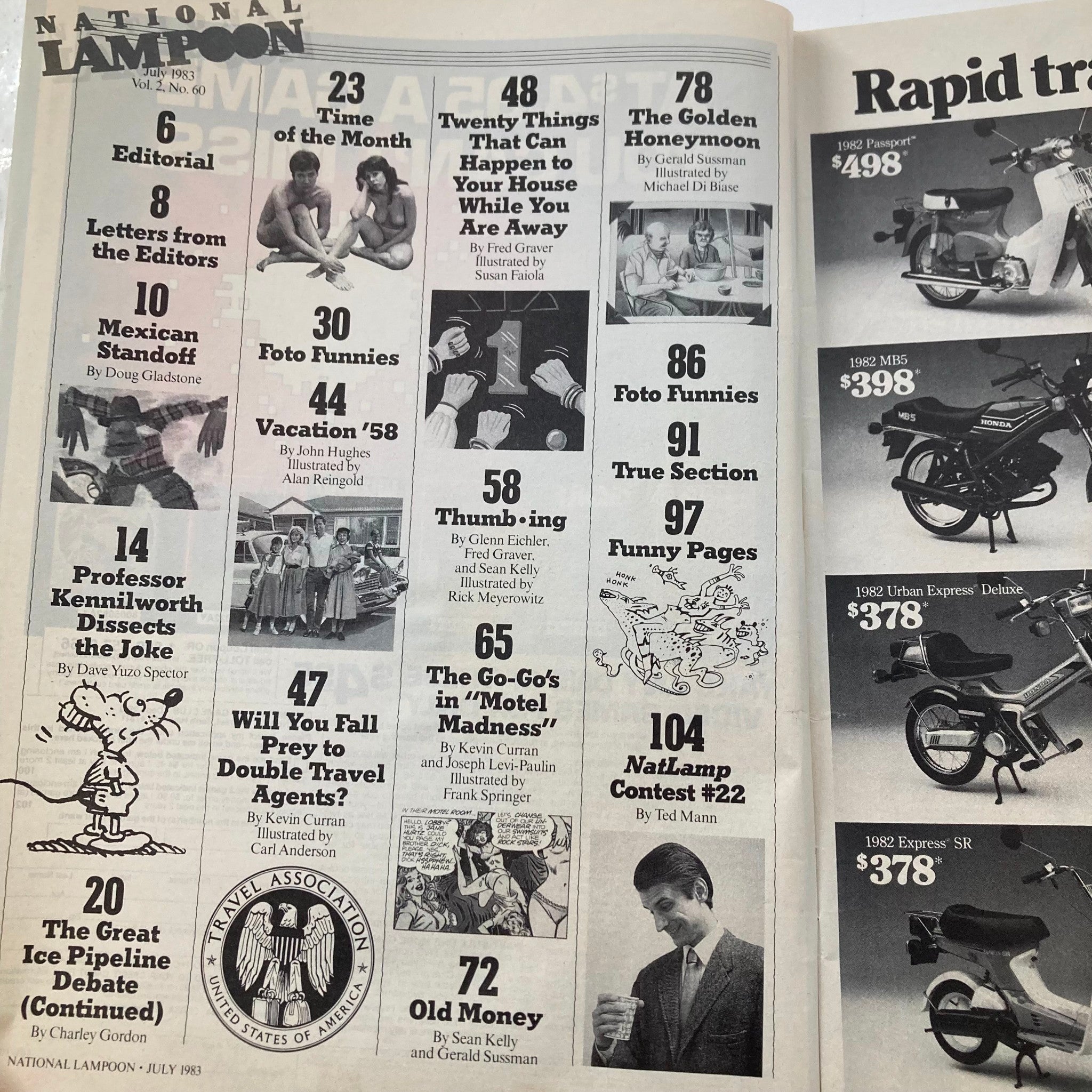 Interior page of the Vintage National Lampoon Magazine July 1983 Vol 2 No. 60 displaying a table of contents with humorous article titles including 'The Golden Honeymoon'.