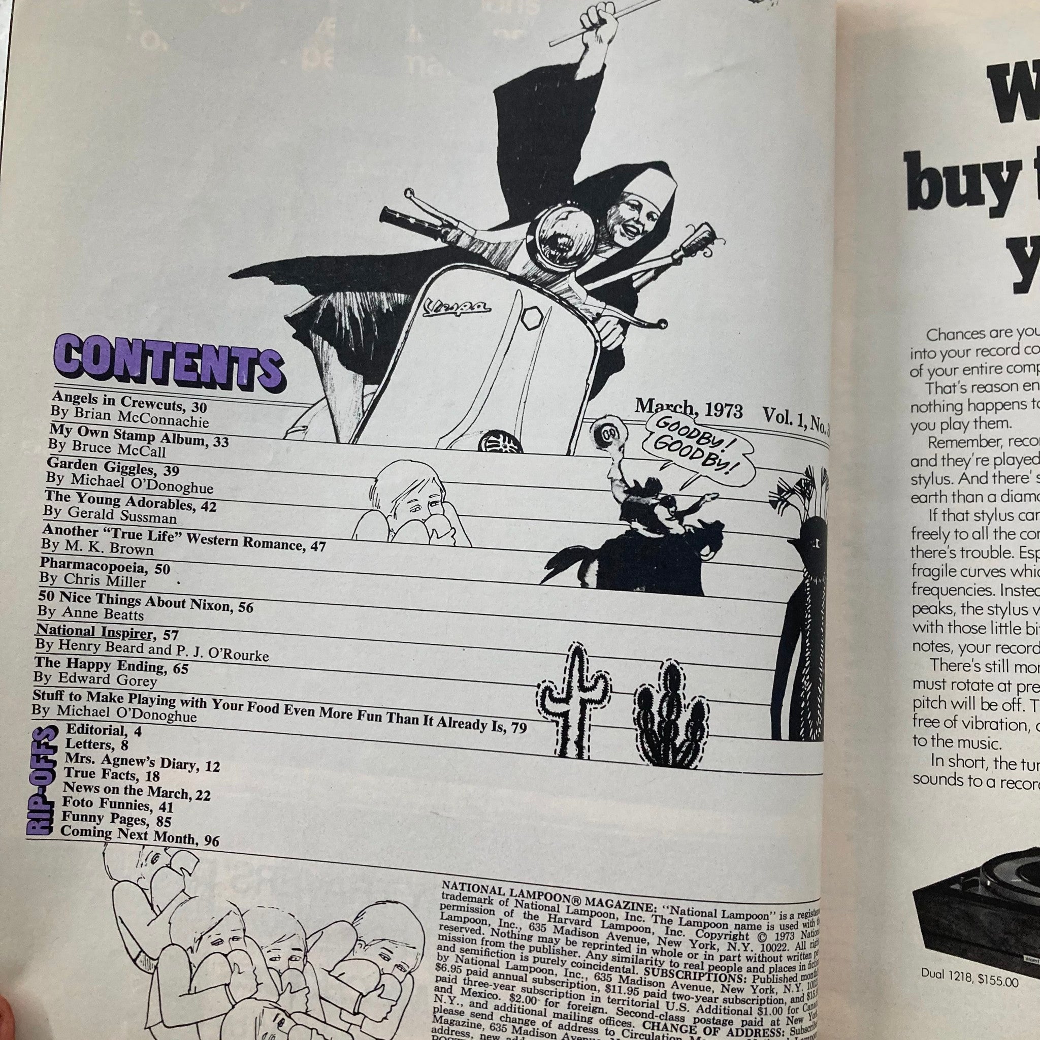 Contents page of the Vintage National Lampoon Magazine from March 1973 highlighting articles including "Angels in Crewcut" and various comedic features with playful illustrations and content list.