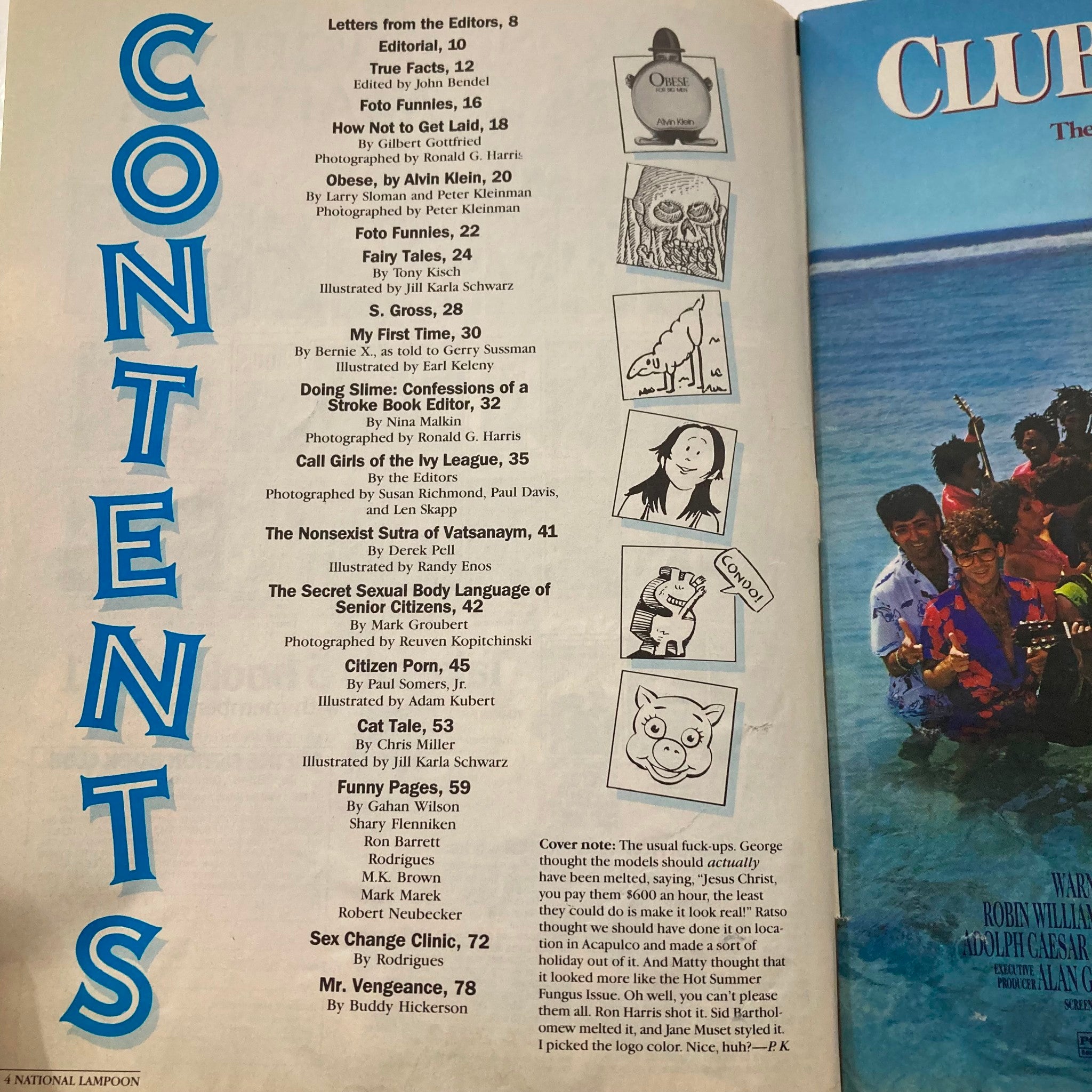 Contents page of Vintage National Lampoon Magazine July 1986, listing articles and illustrations including 'How Not to Get Laid' and 'The Secret Sexual Body Language of Senior Citizens'.