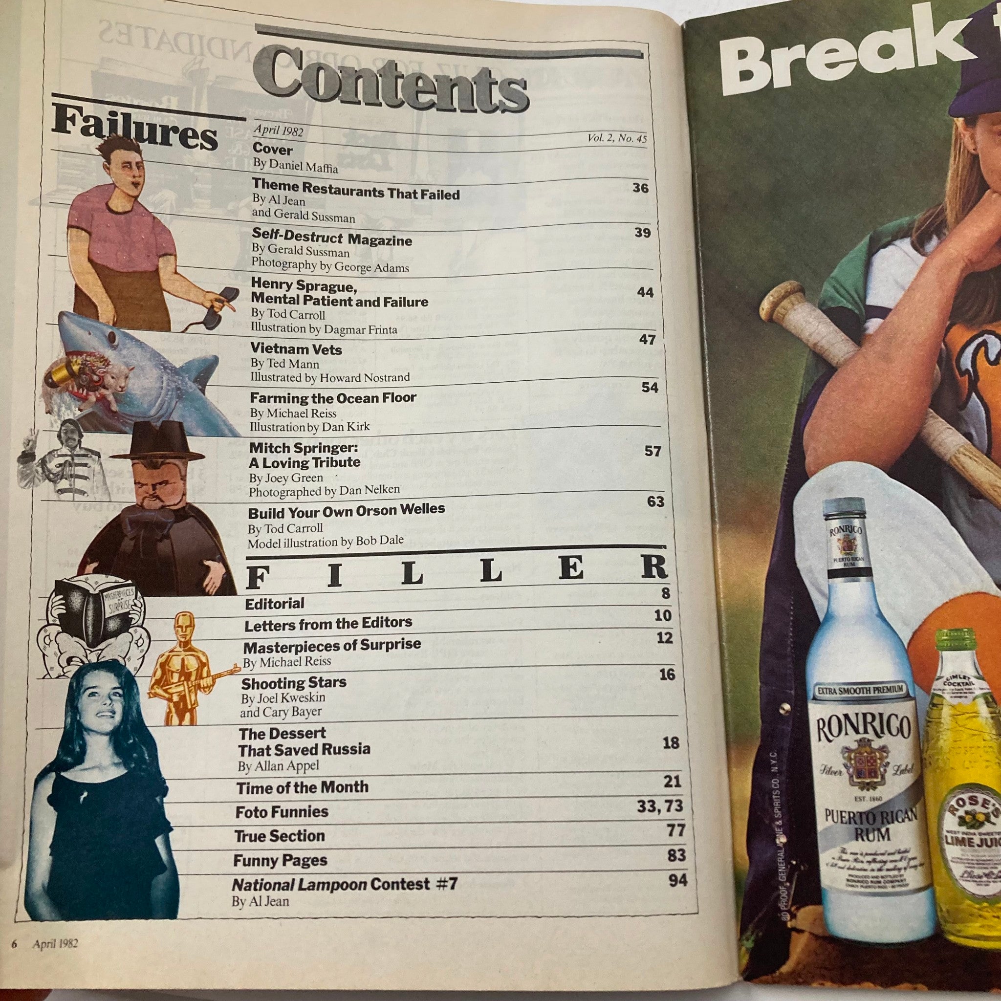 Contents page of Vintage National Lampoon Magazine April 1982, listing articles including 'Build Your Own Orson Welles'.