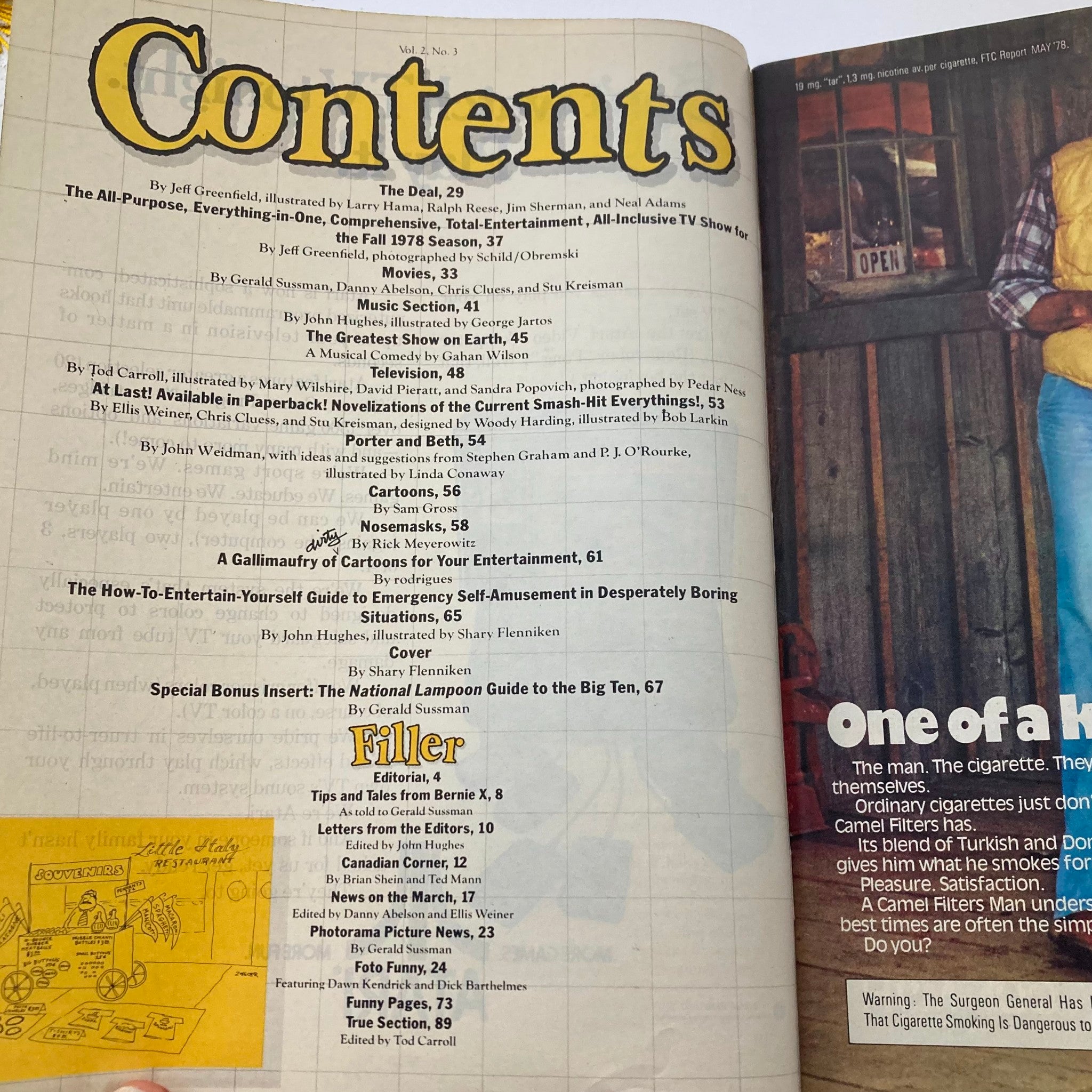 Contents page of Vtg National Lampoon Magazine October 1978 Vol 2 #3 The Greatest Show on Earth showcasing article titles, illustrations, and contributors.