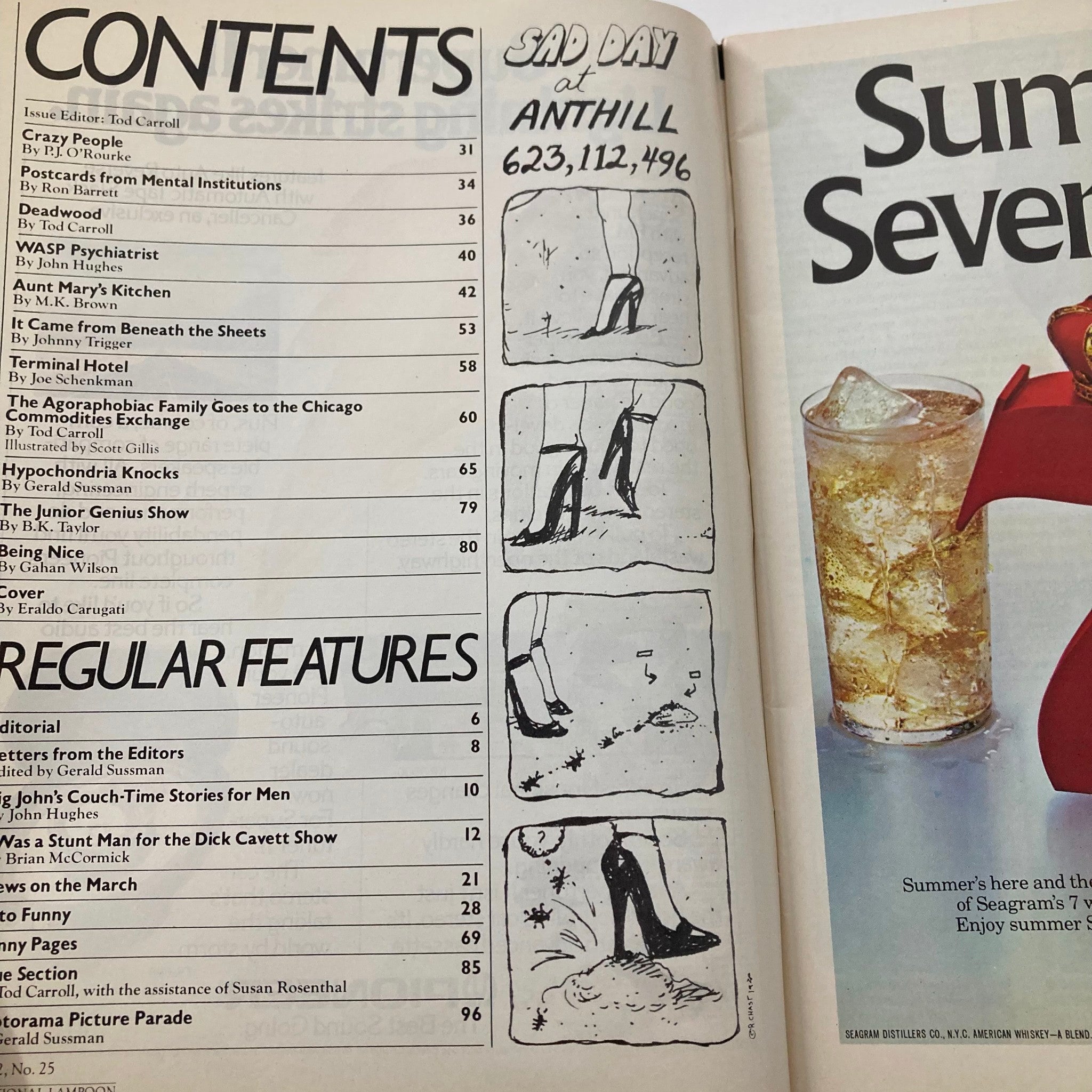 VTG National Lampoon Magazine August 1980 showing table of contents featuring articles about mental institutions and various features. Nostalgic collectible.