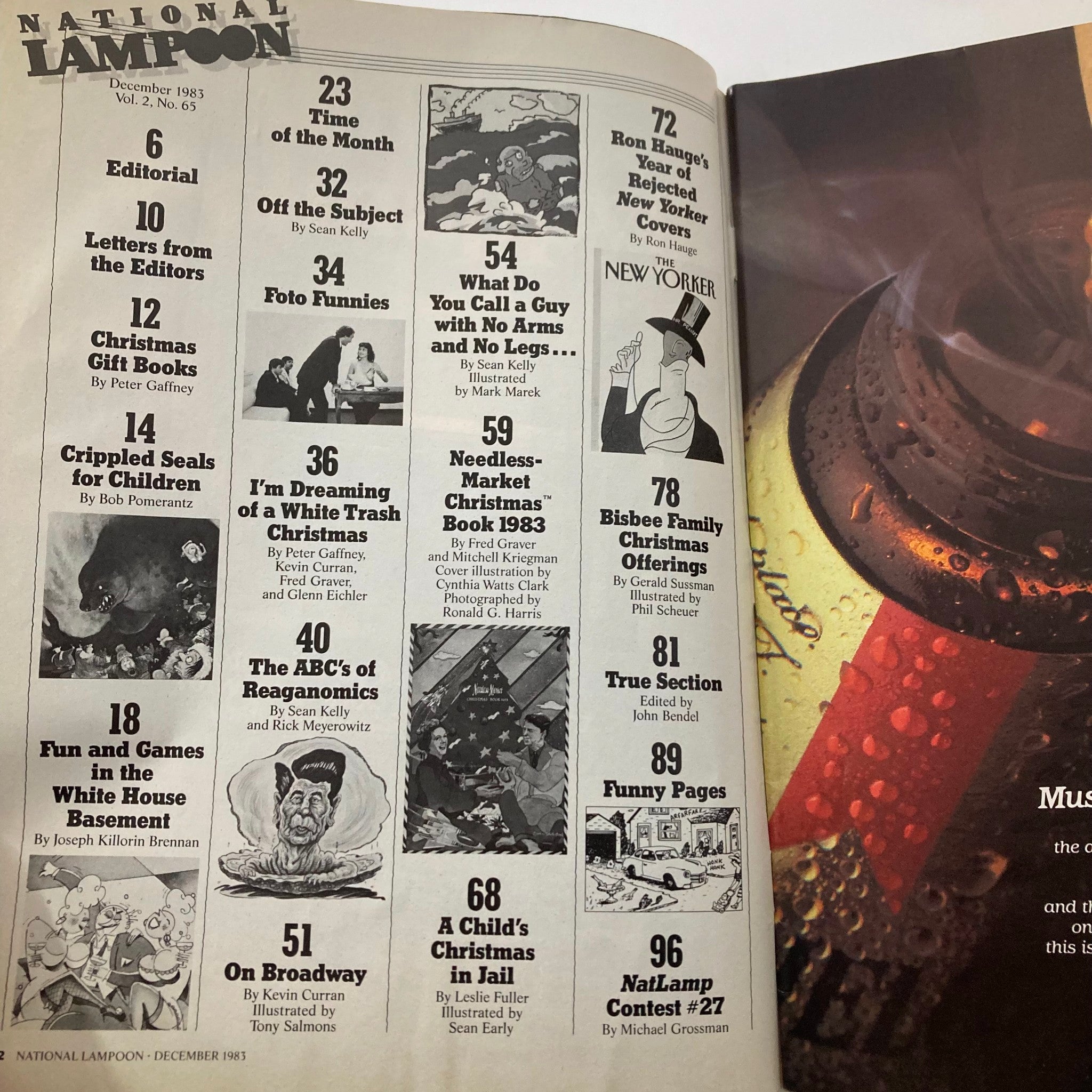 Contents page of the Vintage National Lampoon Magazine December 1983, Vol. 2 #65, showcasing article titles and humorous illustrations related to holiday themes.