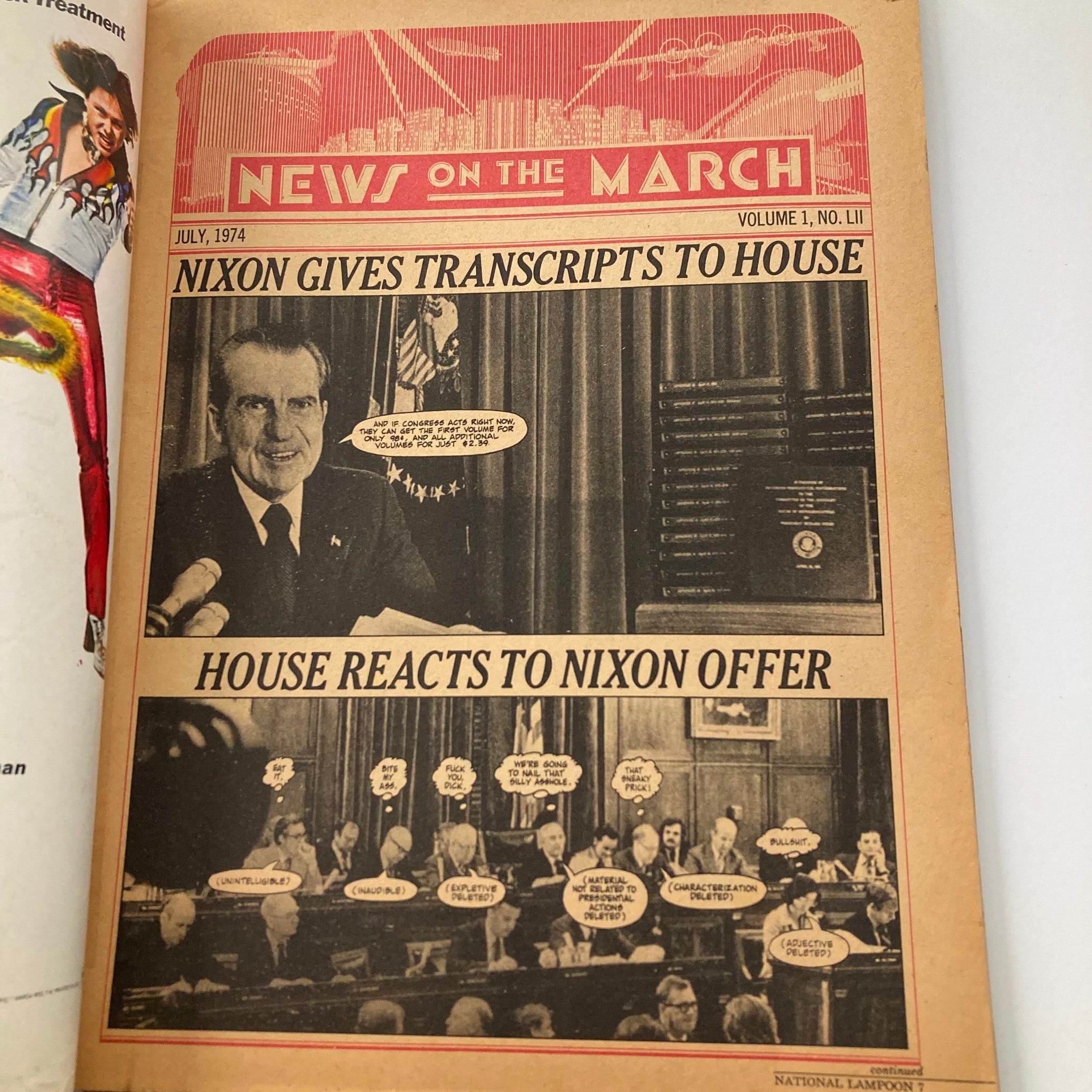 Interior page from Vtg National Lampoon Magazine July 1974 Corporate Farmer's Almanac displaying a satirical news section with Richard Nixon and humorous commentary.