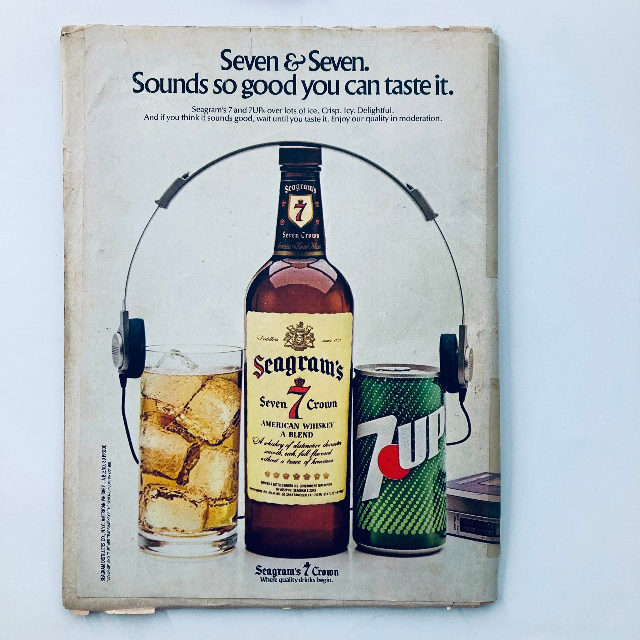 Back cover of Vtg National Lampoon Magazine July 1974 Corporate Farmer's Almanac featuring an advertisement for Seagram's Seven Crown whiskey paired with 7-Up.