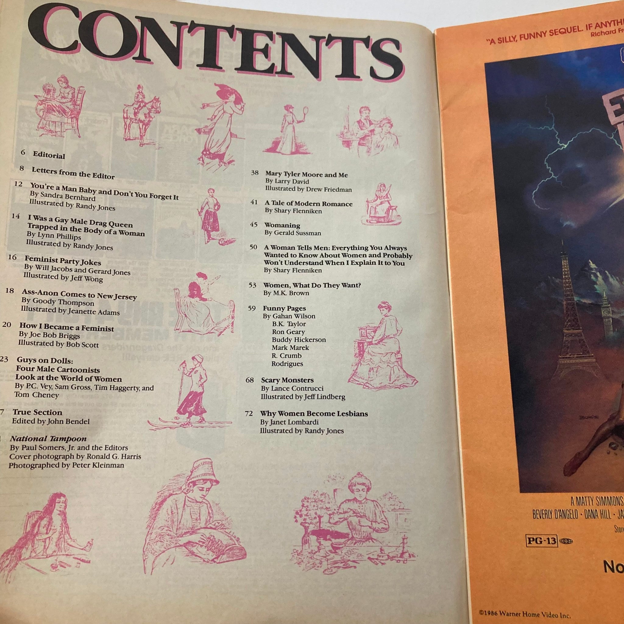 Interior page of the Vintage National Lampoon Magazine March 1986 Edition showcasing the table of contents with a list of articles and illustrations.