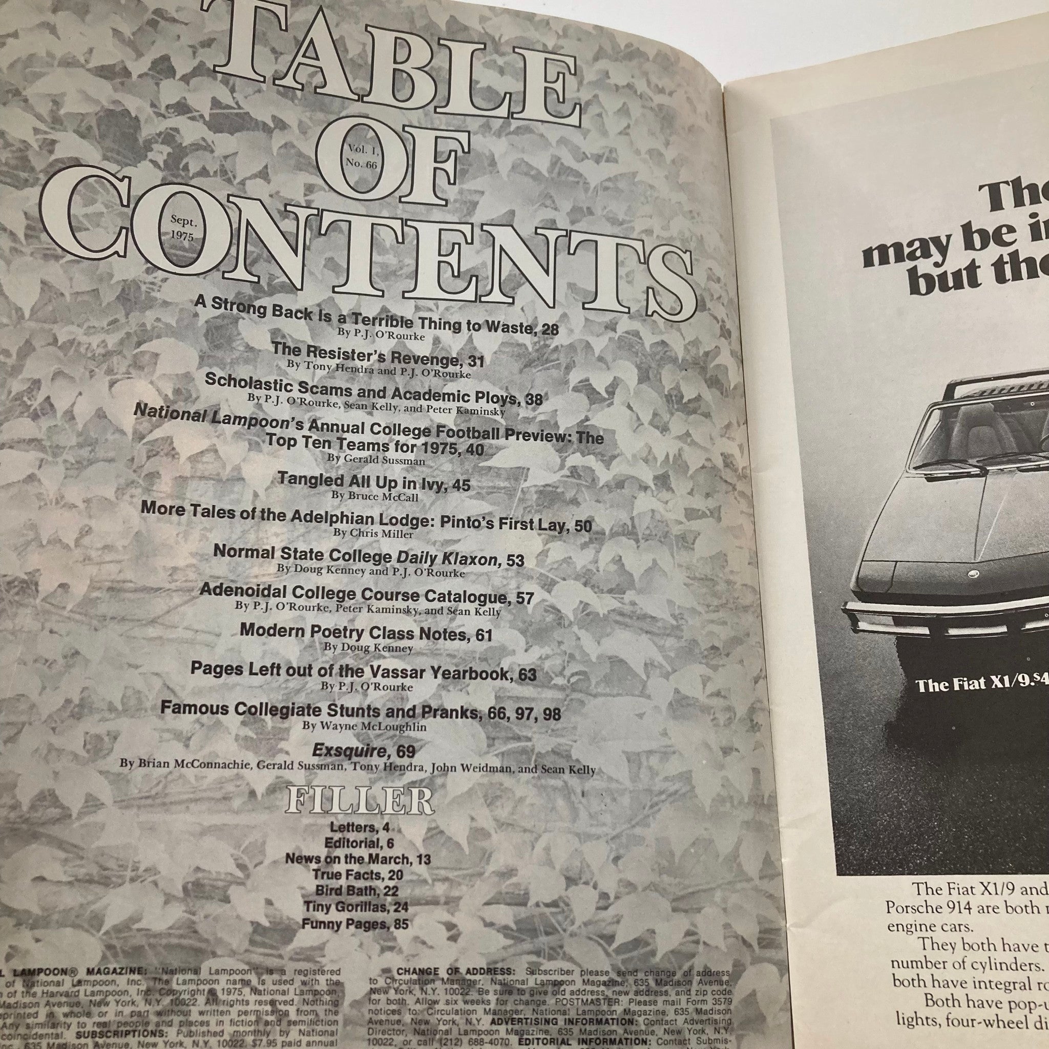 Vintage National Lampoon Magazine September 1975 - Table of Contents page featuring articles, including The Resister's Revenge and more.